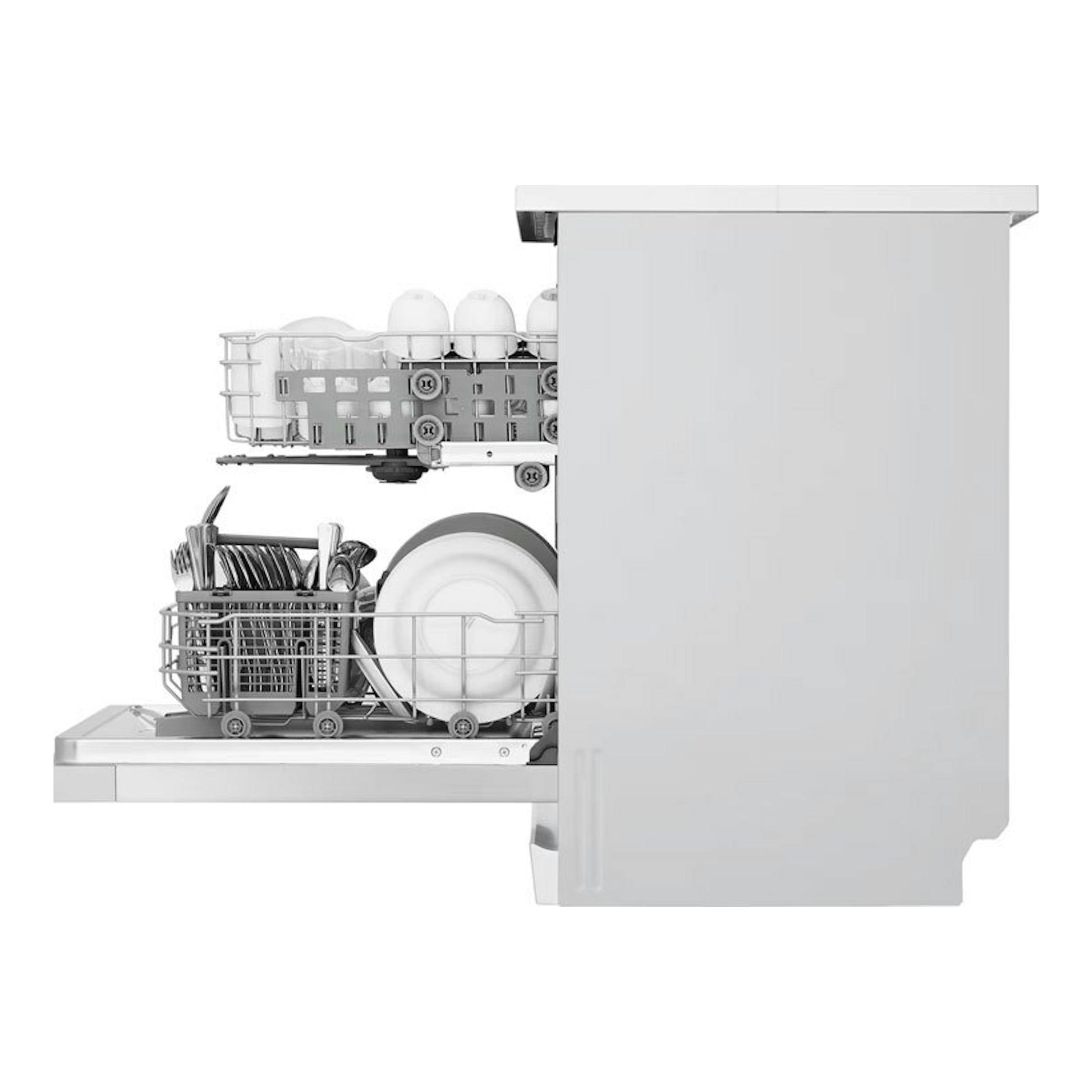 Lavavajillas LG DF142FW blanco, vista lateral con puerta abierta y cestas con platos y vasos.