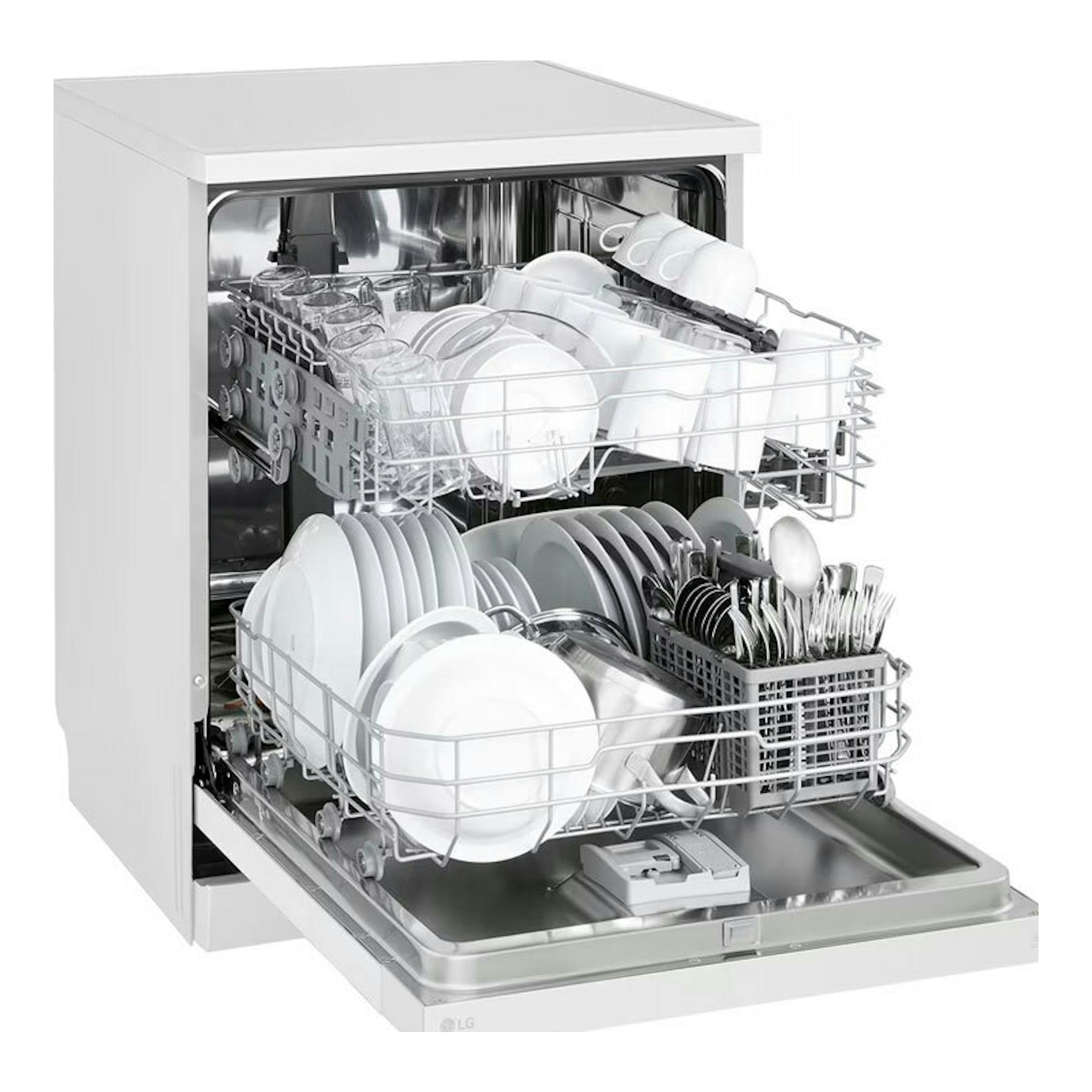 Lavavajillas LG DF142FW blanco, vista frontal abierta, con cestas llenas de platos, vasos y cubiertos.