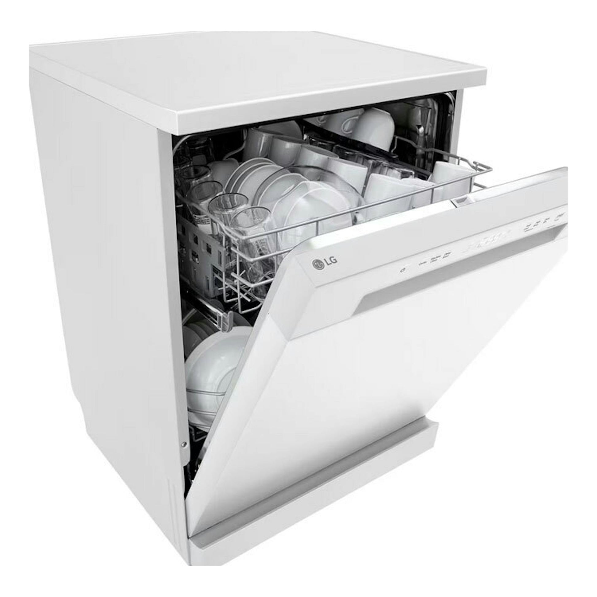 Lavavajillas LG DF142FW blanco, vista frontal en ángulo, con la puerta abierta y bandejas con platos.