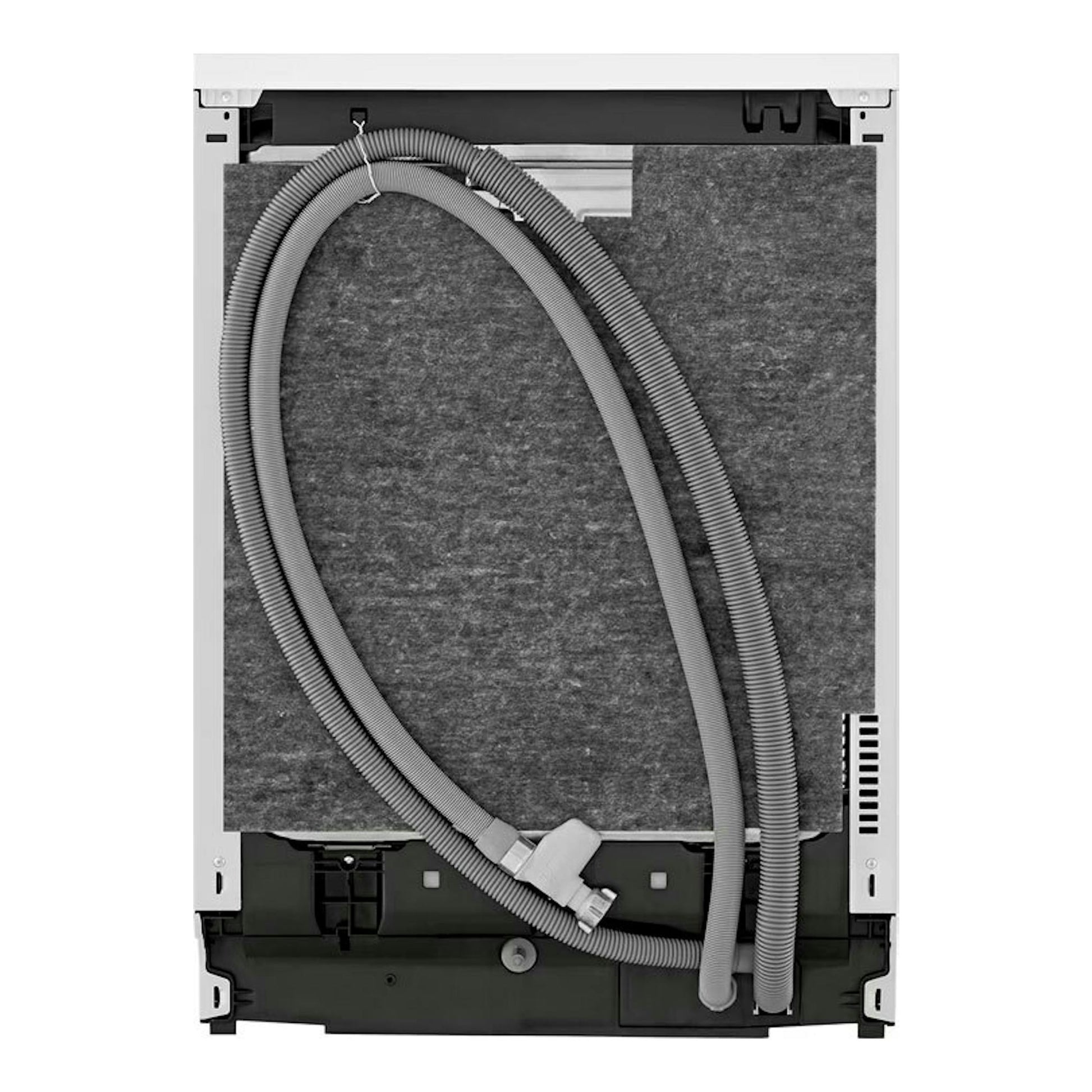 Lavavajillas LG DF142FW de 60 cm, vista trasera, con mangueras y panel aislante gris.