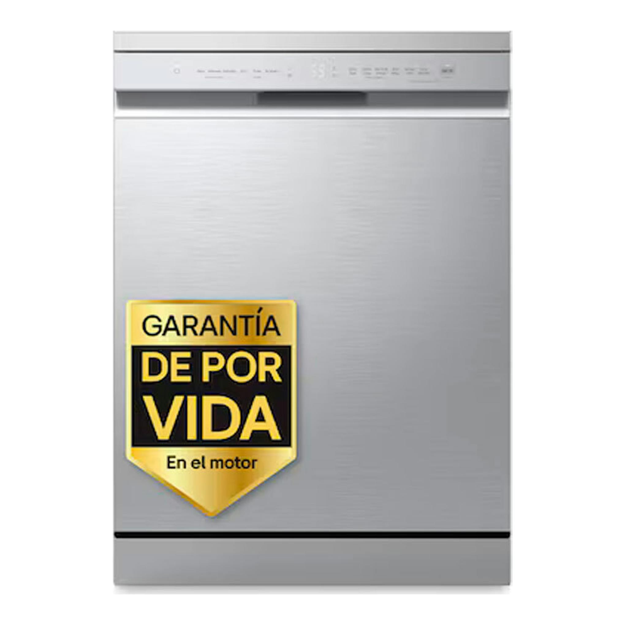 Lavavajillas LG DF273FV inox, vista frontal, color plata, con pegatina de garantía.