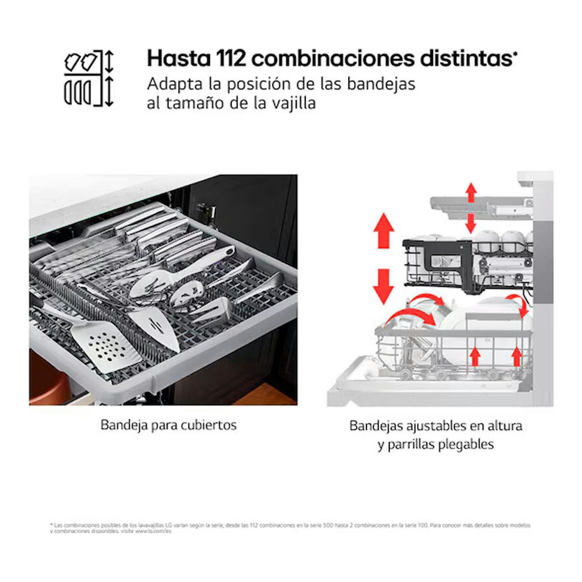 LG DF273FV Inox: gráfico de bandeja para cubiertos y bandejas ajustables en altura.