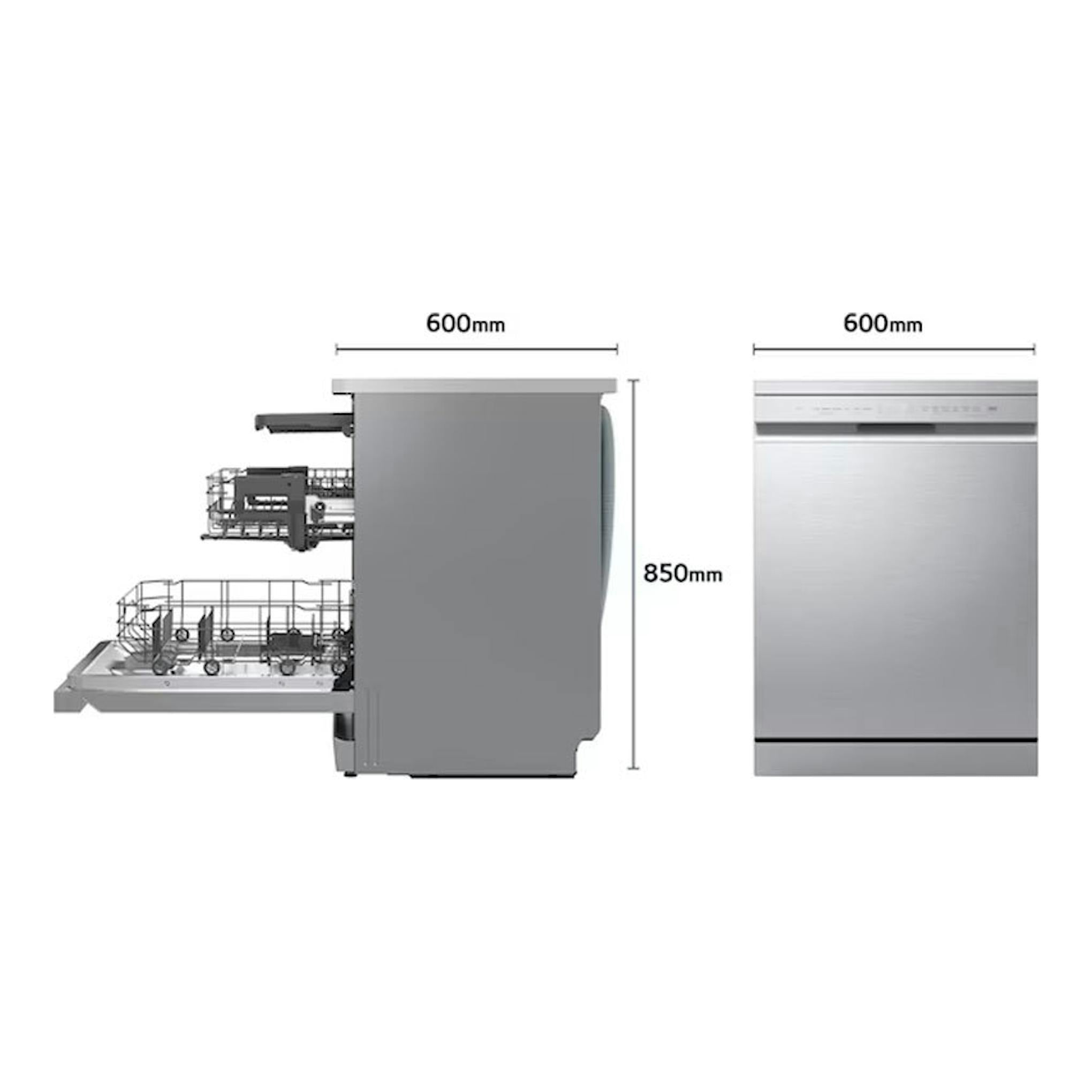 Lavavajillas LG DF273FV inox, vista frontal y lateral, 600 x 850 mm, con cesta extraíble.
