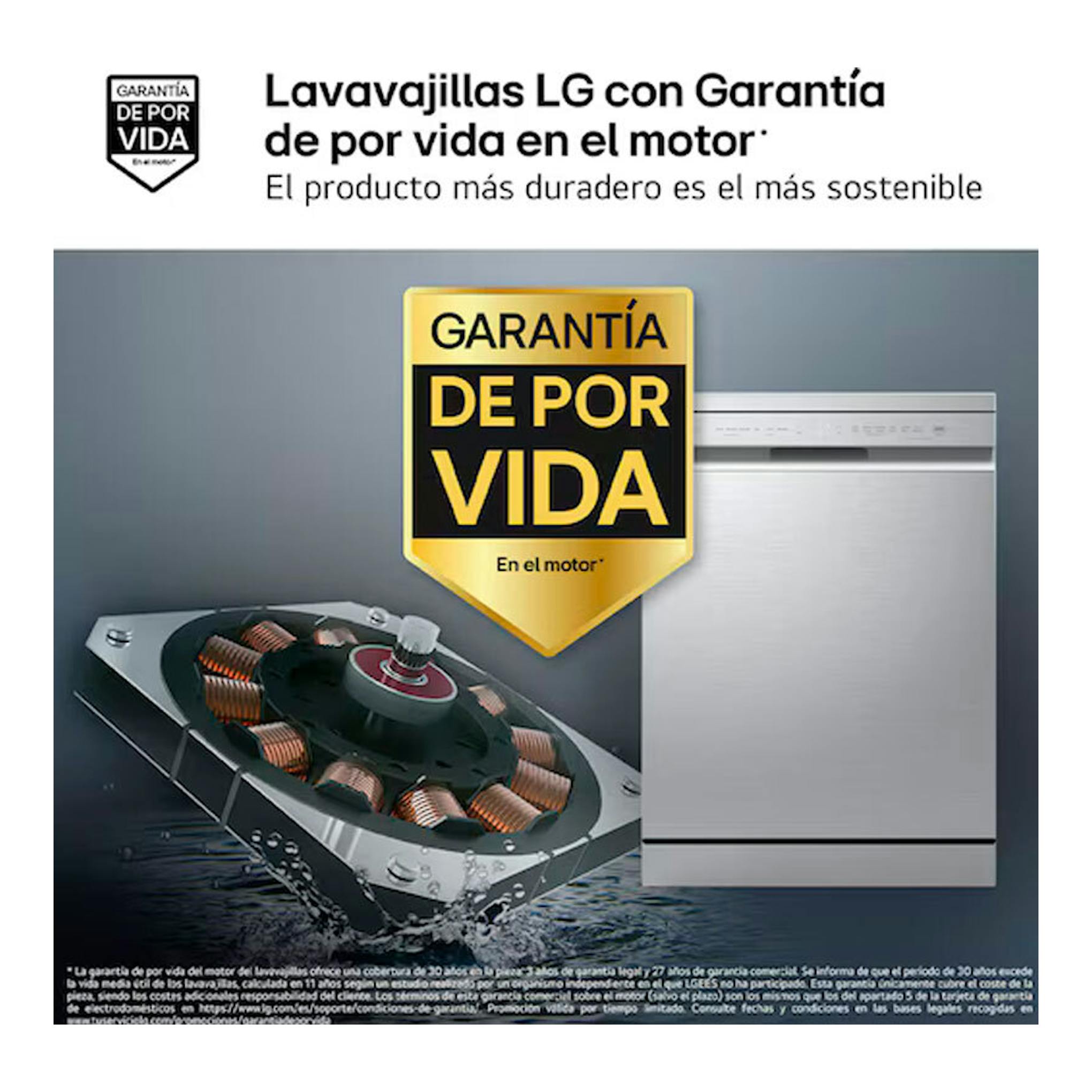 Lavavajillas LG DF273FV inox, vista frontal, con sello de garantía de por vida y motor.