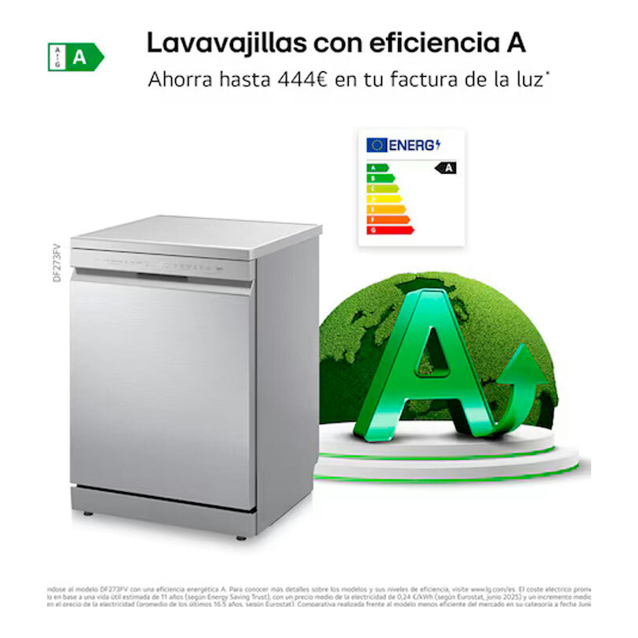 Lavavajillas LG DF273FV inox, vista frontal en tres cuartos, color plateado.