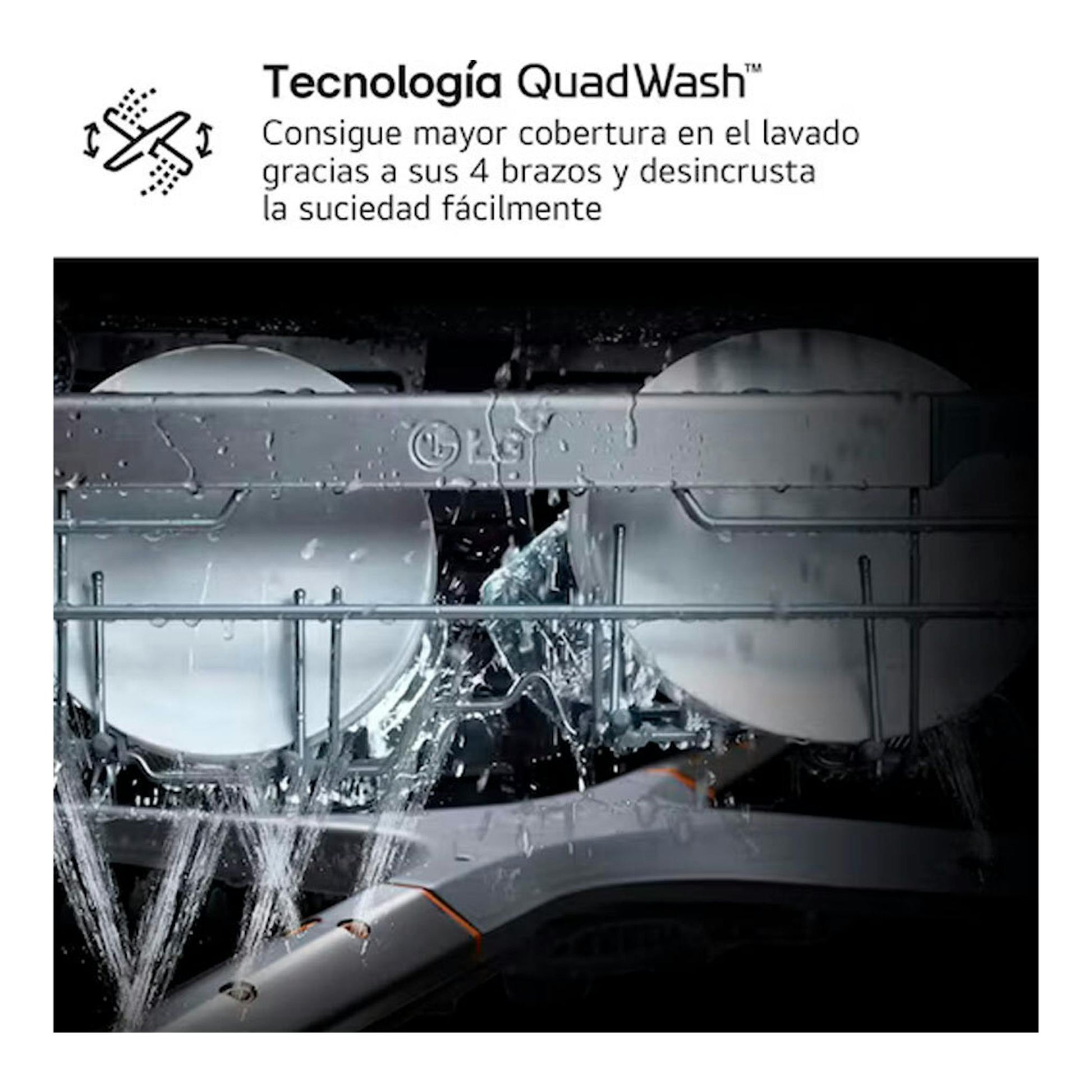 LG DF273FV Inox, interior de lavavajillas con tecnología QuadWash y cuatro brazos rociando agua.