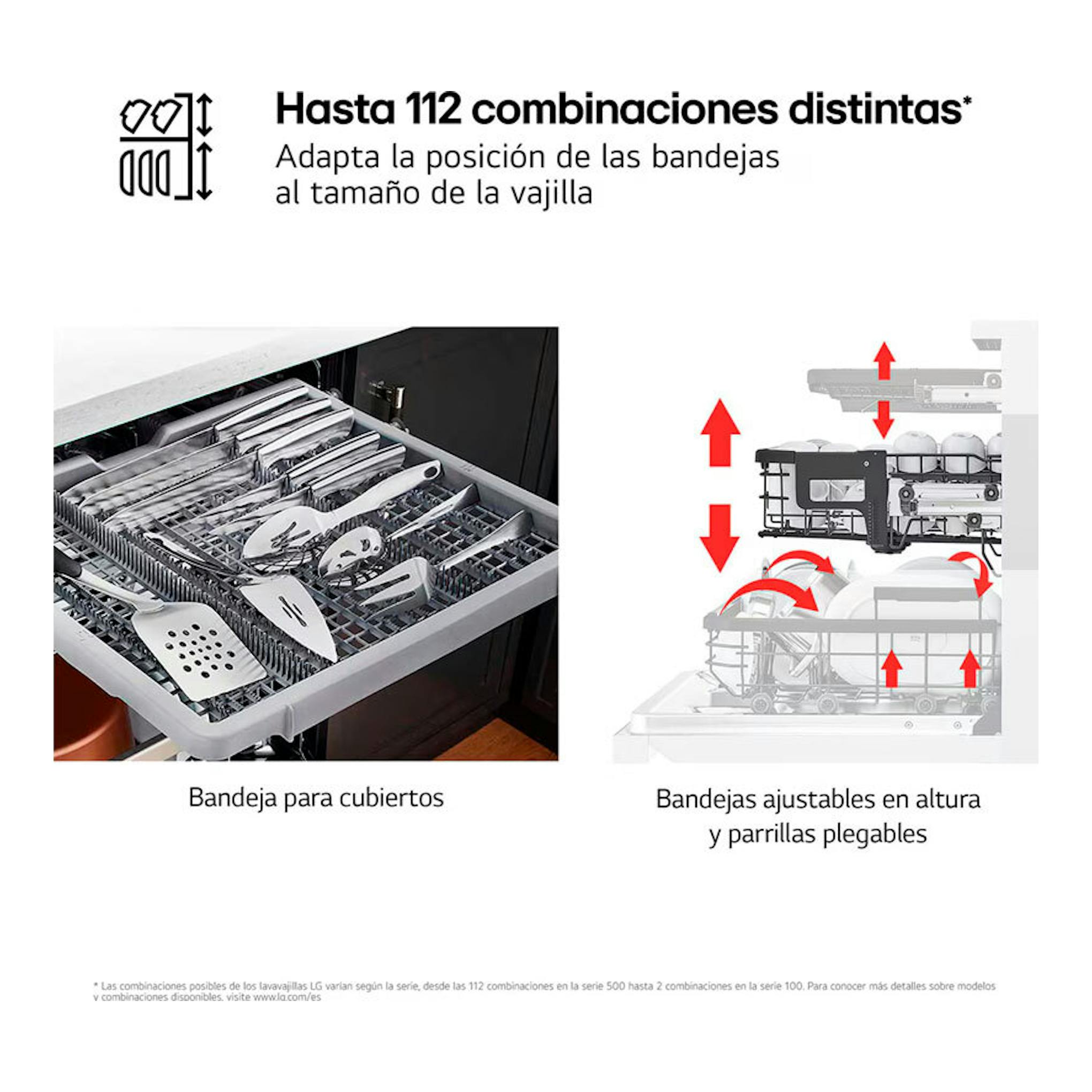 LG DF273FW: gráfico de lavavajillas con bandeja para cubiertos y cestas ajustables en altura.