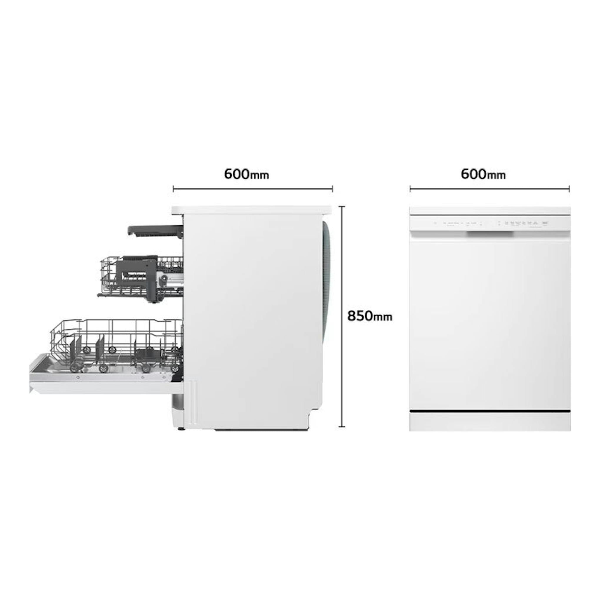 Lavavajillas LG DF273FW blanco, vista frontal y lateral con cestos extraíbles y medidas 600 x 850 mm.