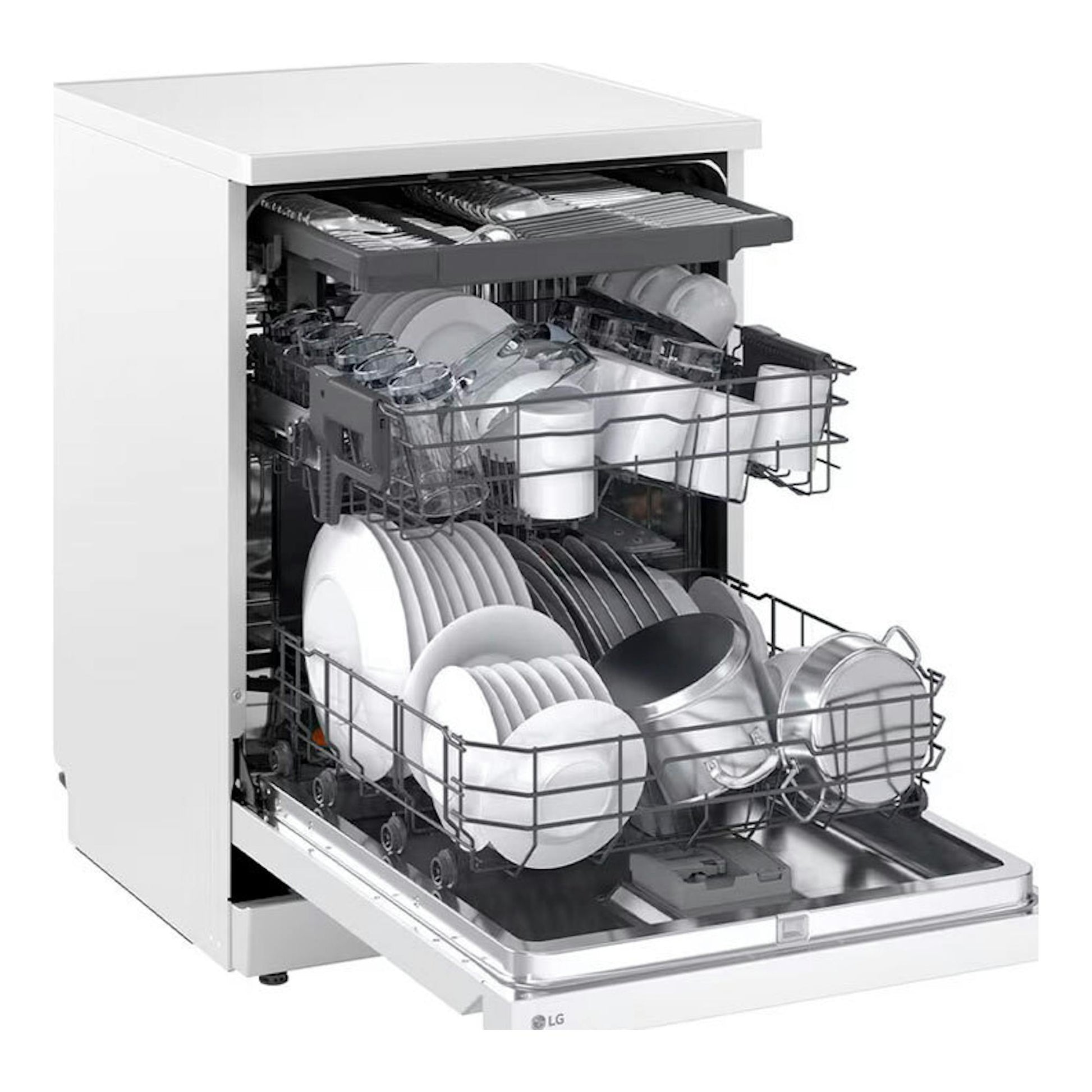 Lavavajillas LG DF273FW blanco, vista frontal en tres cuartos con la puerta abatida y cestas con vajilla.