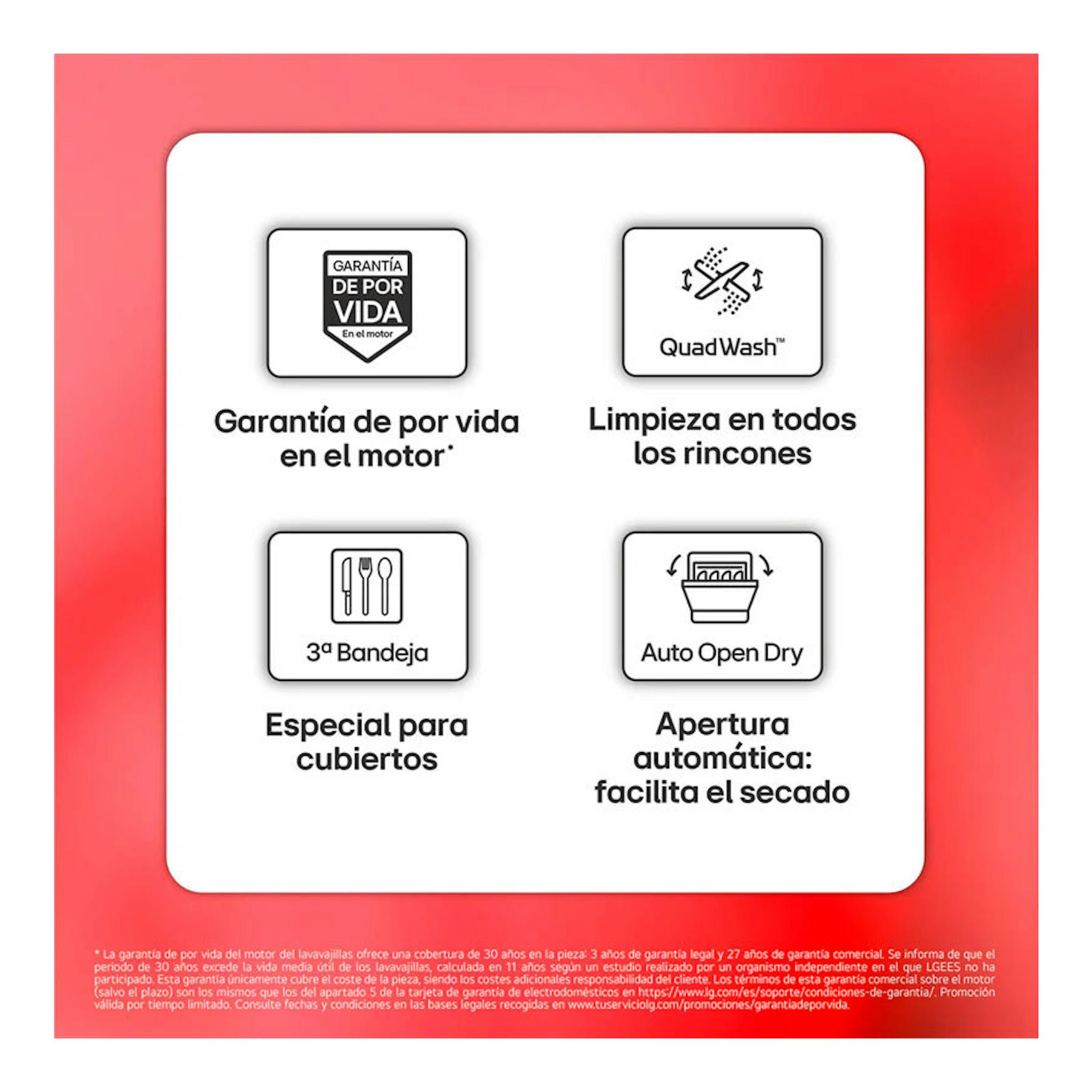 Infografía de lavavajillas LG DF273FW con iconos de garantía, QuadWash, 3ª bandeja y Auto Open Dry.