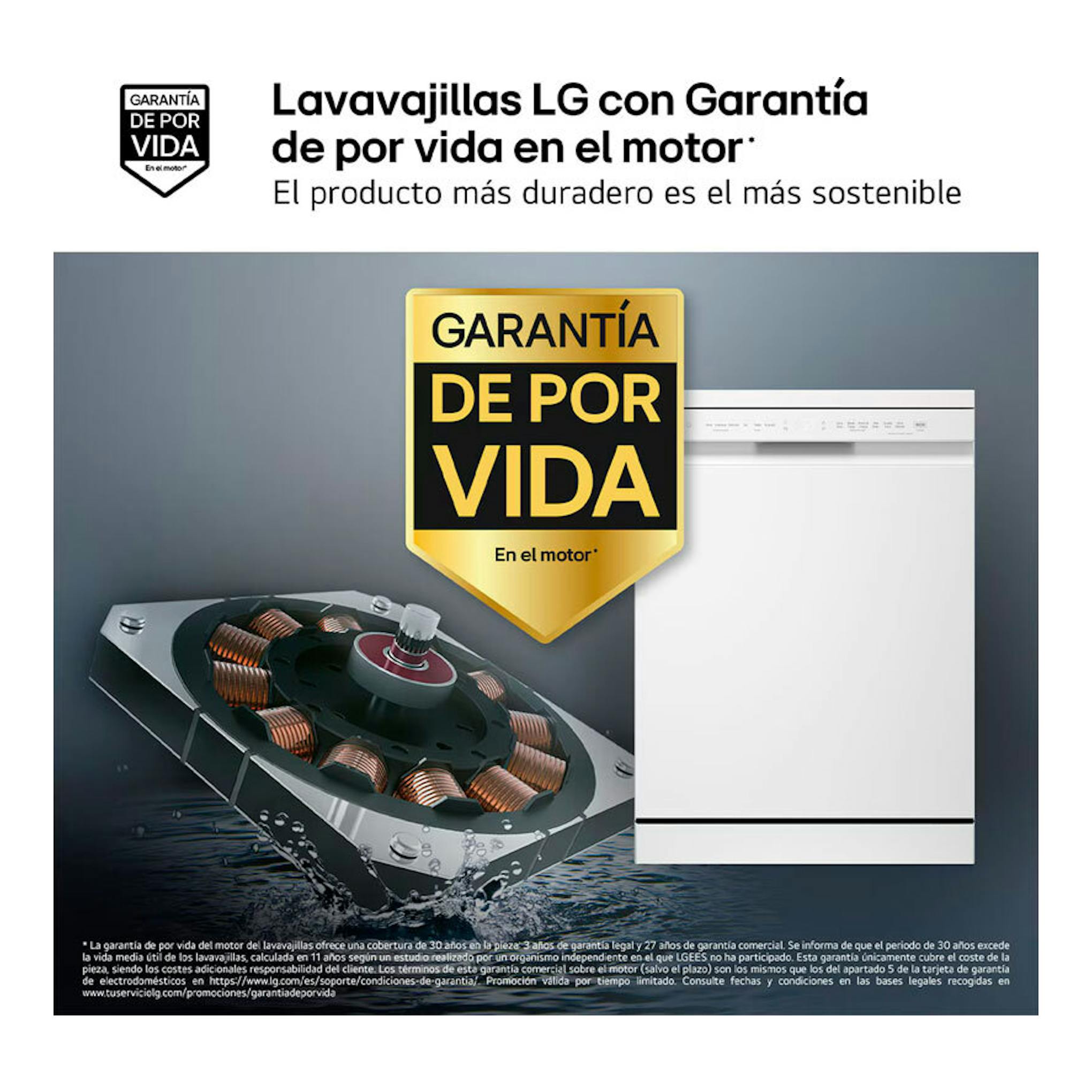 Lavavajillas LG DF273FW blanco, vista frontal, con sello «Garantía de por vida».