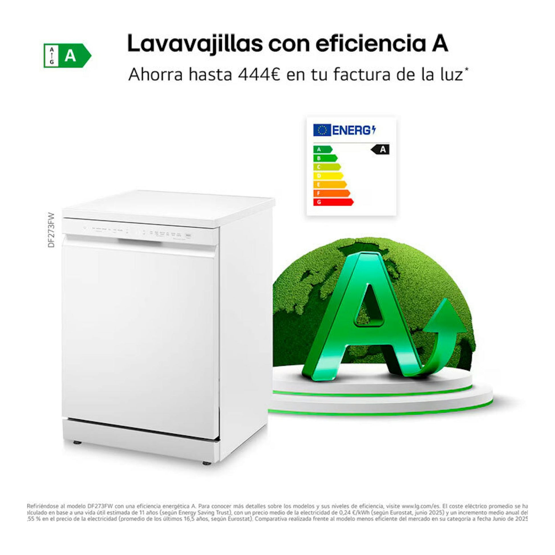 Lavavajillas LG DF273FW blanco, vista frontal, con etiqueta de eficiencia energética A.