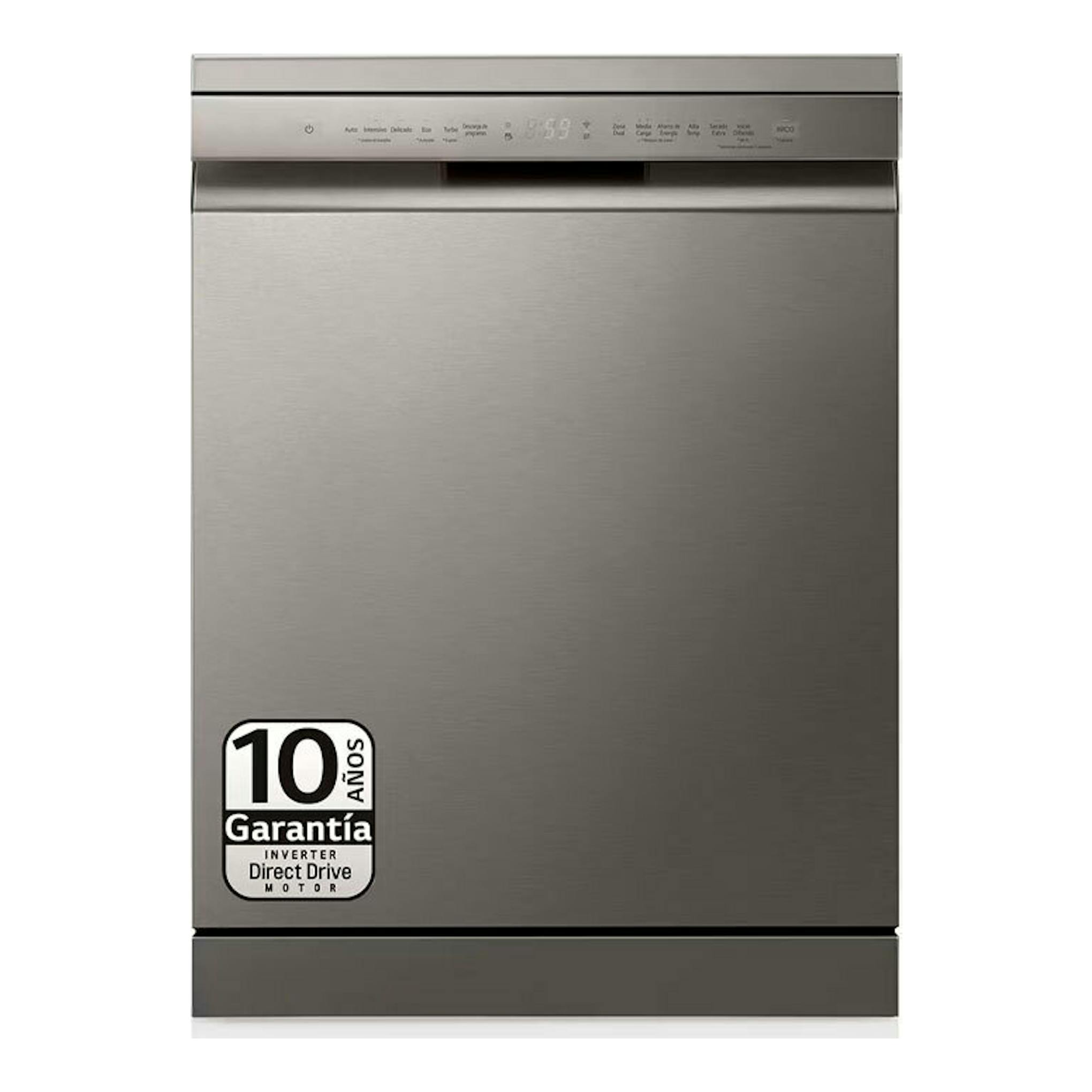 Lavavajillas LG DF355FP inox, vista frontal, panel superior y puerta de acero cepillado.