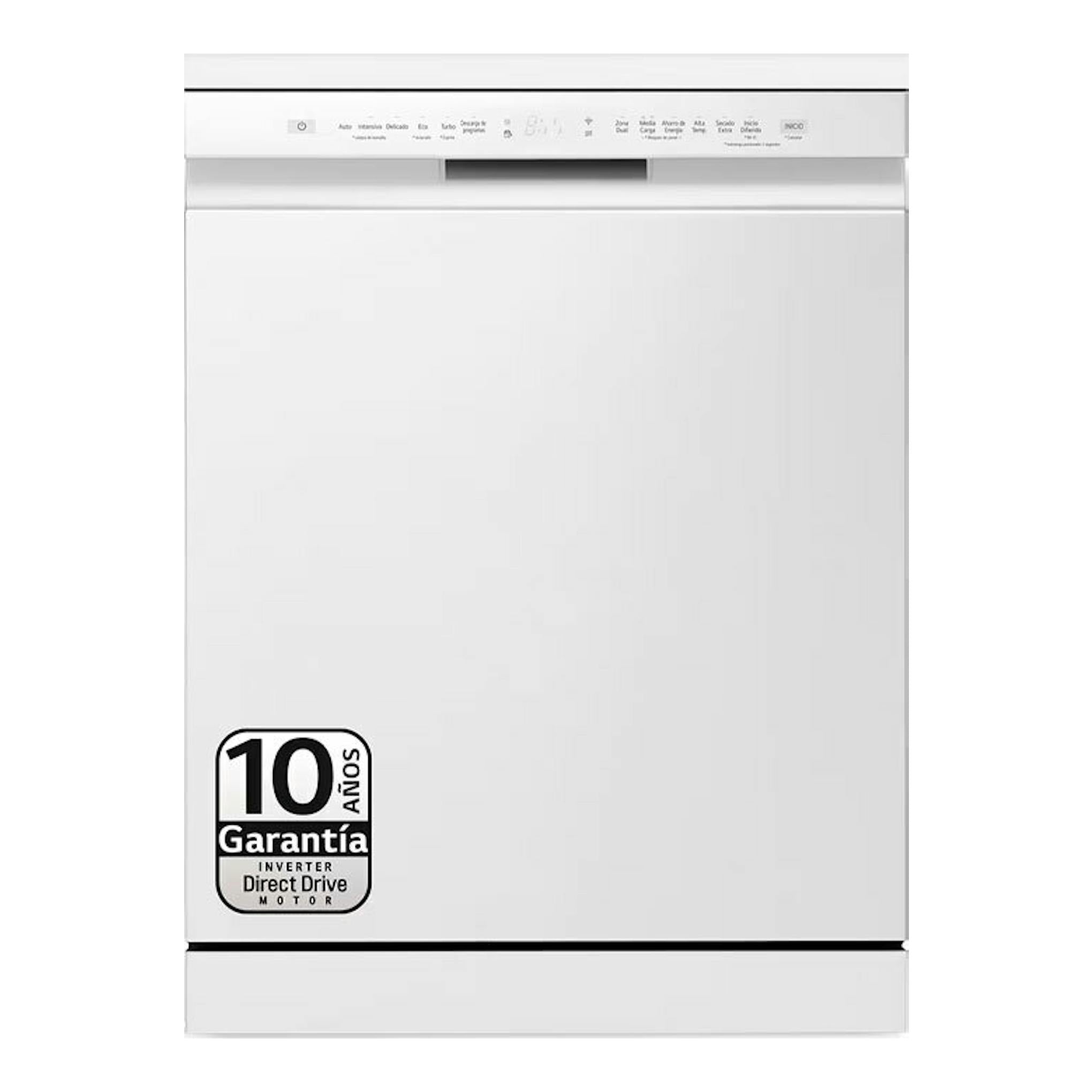 Lavavajillas LG DF355FW de 60 cm, blanco, vista frontal con panel superior de mandos.