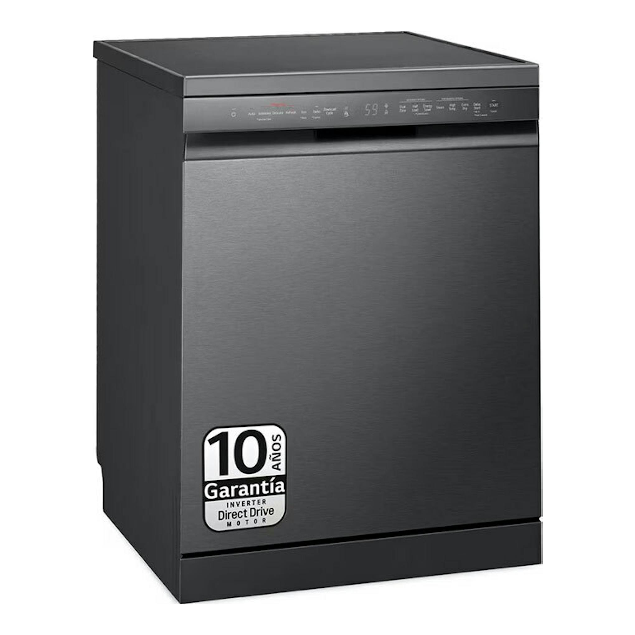 Lavavajillas LG DF365FMS de 60 cm, negro, vista frontal en ángulo, con panel superior.