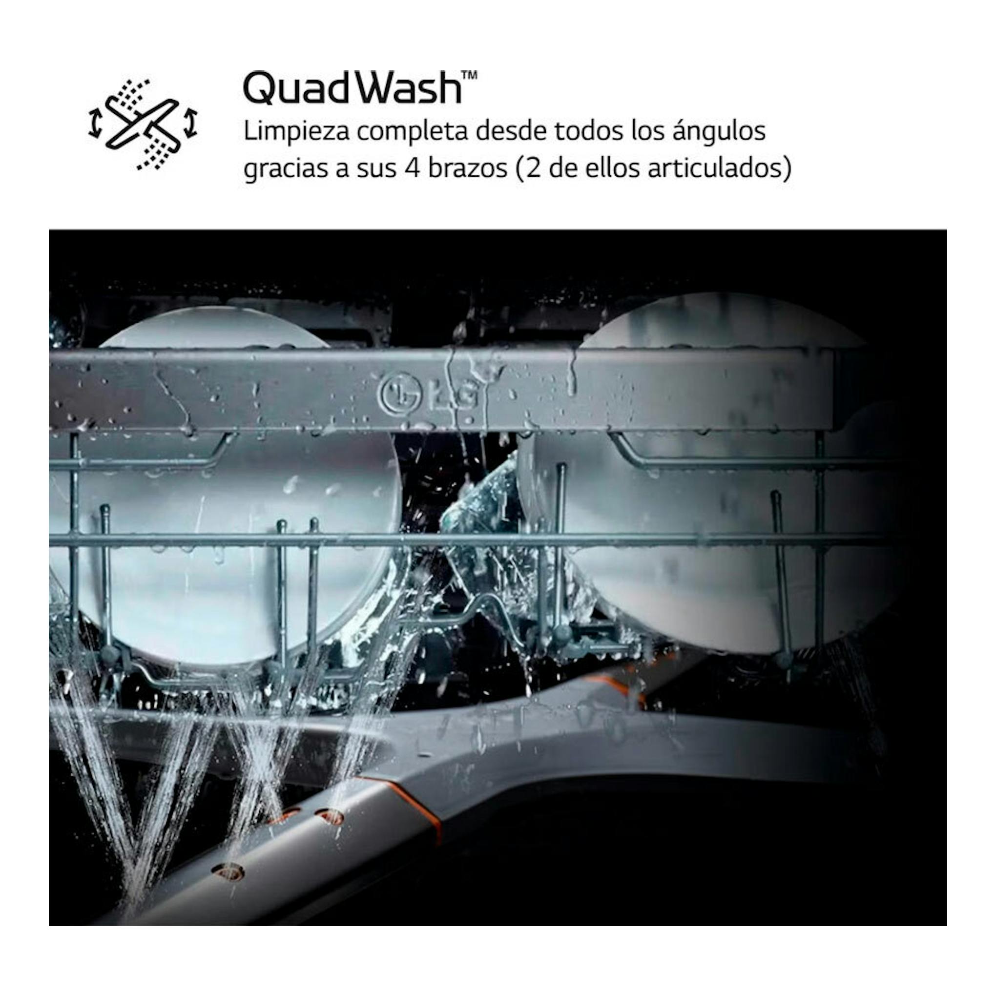 LG DF365FMS QuadWash: interior de lavavajillas con dos platos y cuatro brazos rociadores, vista frontal.