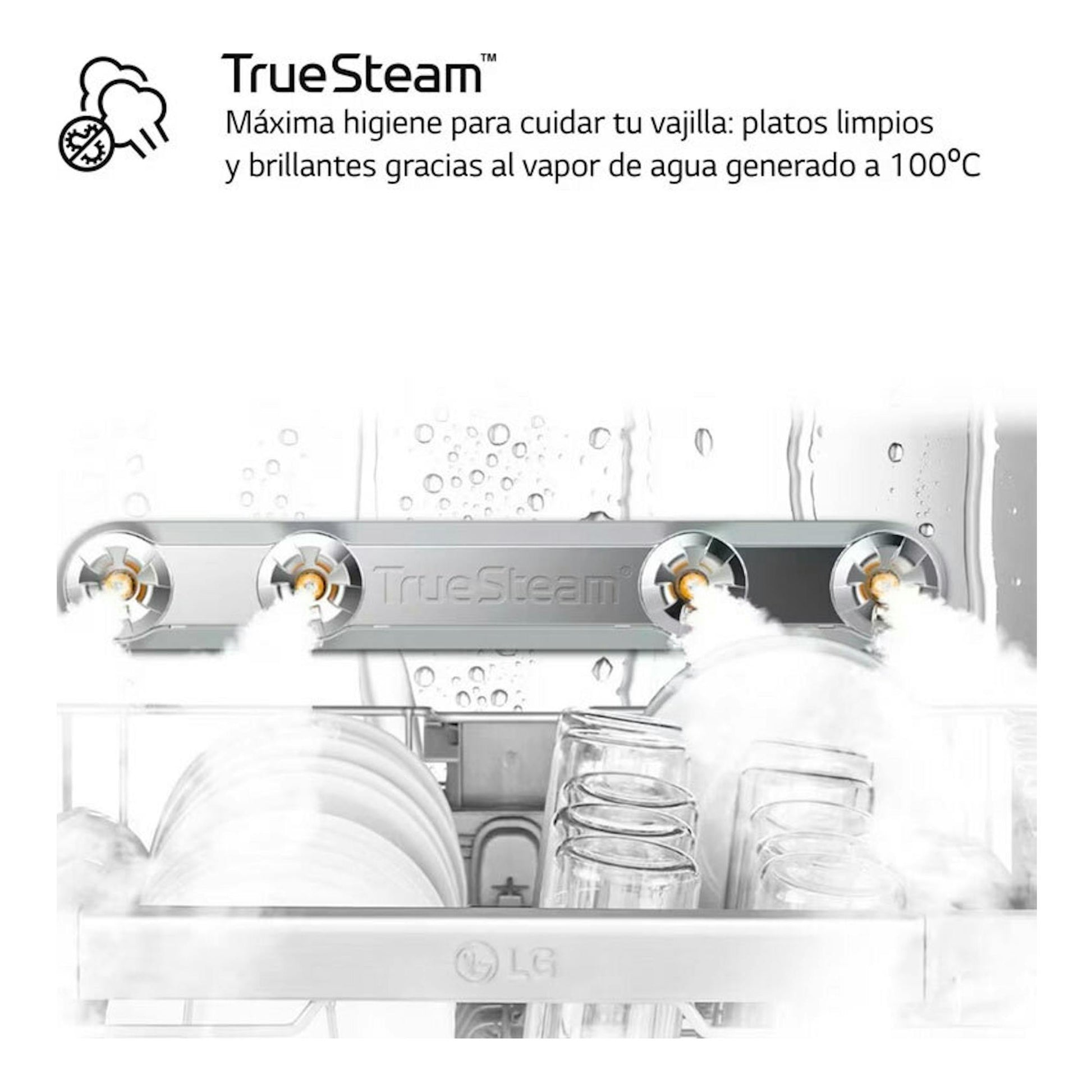 Lavavajillas LG DF365FMS con TrueSteam, vista interior con vapor y platos y vasos en la bandeja.
