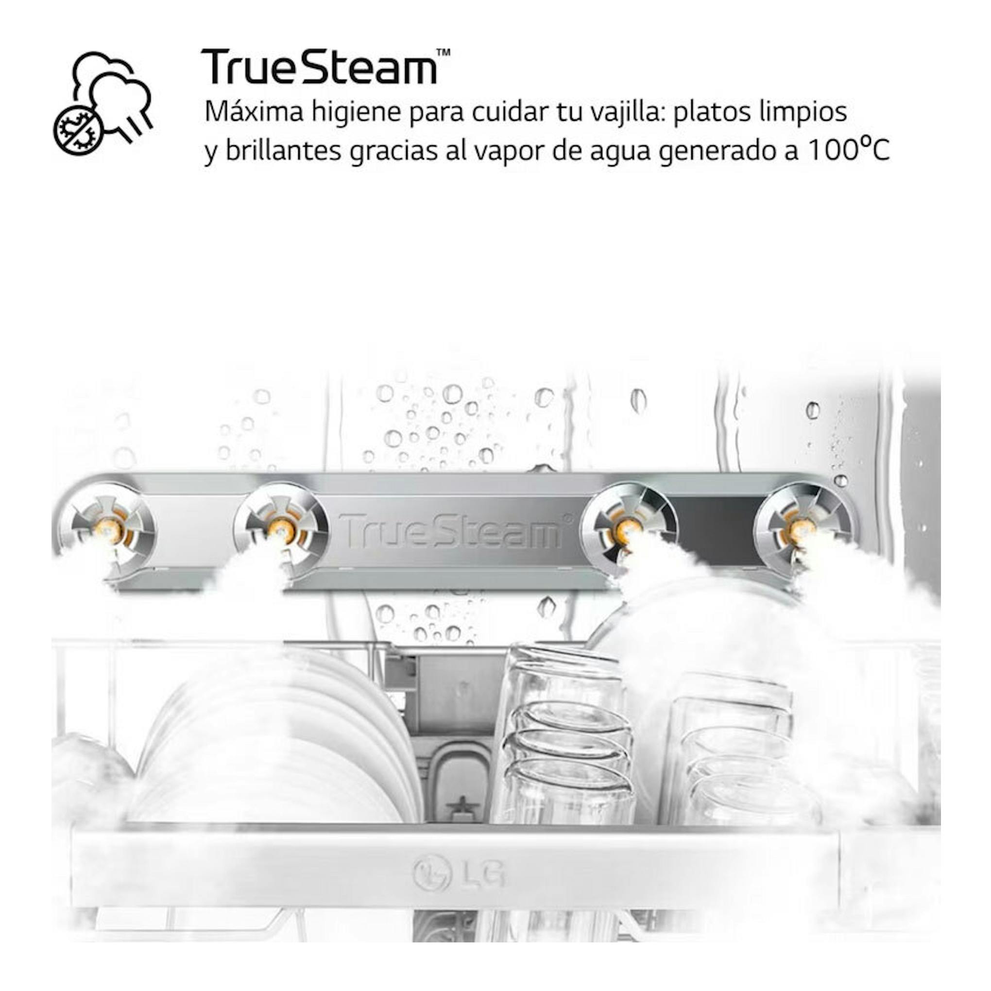 Lavavajillas LG DF365FMS con TrueSteam, vista interior con vapor y platos y vasos en la bandeja.