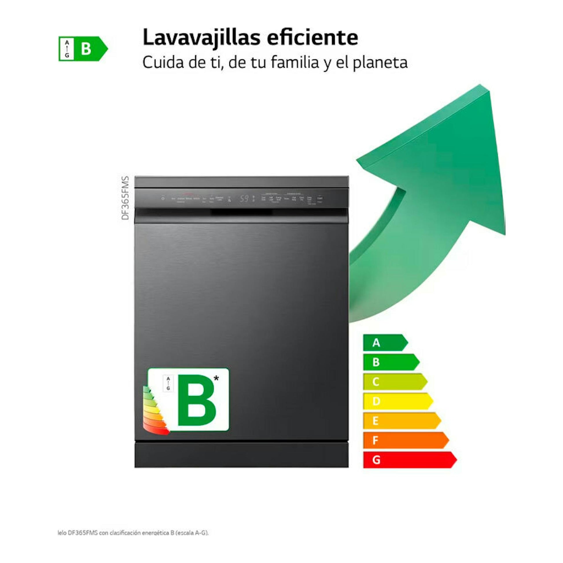 Lavavajillas LG DF365FMS negro, vista frontal, con etiqueta energética B y flecha verde ascendente.