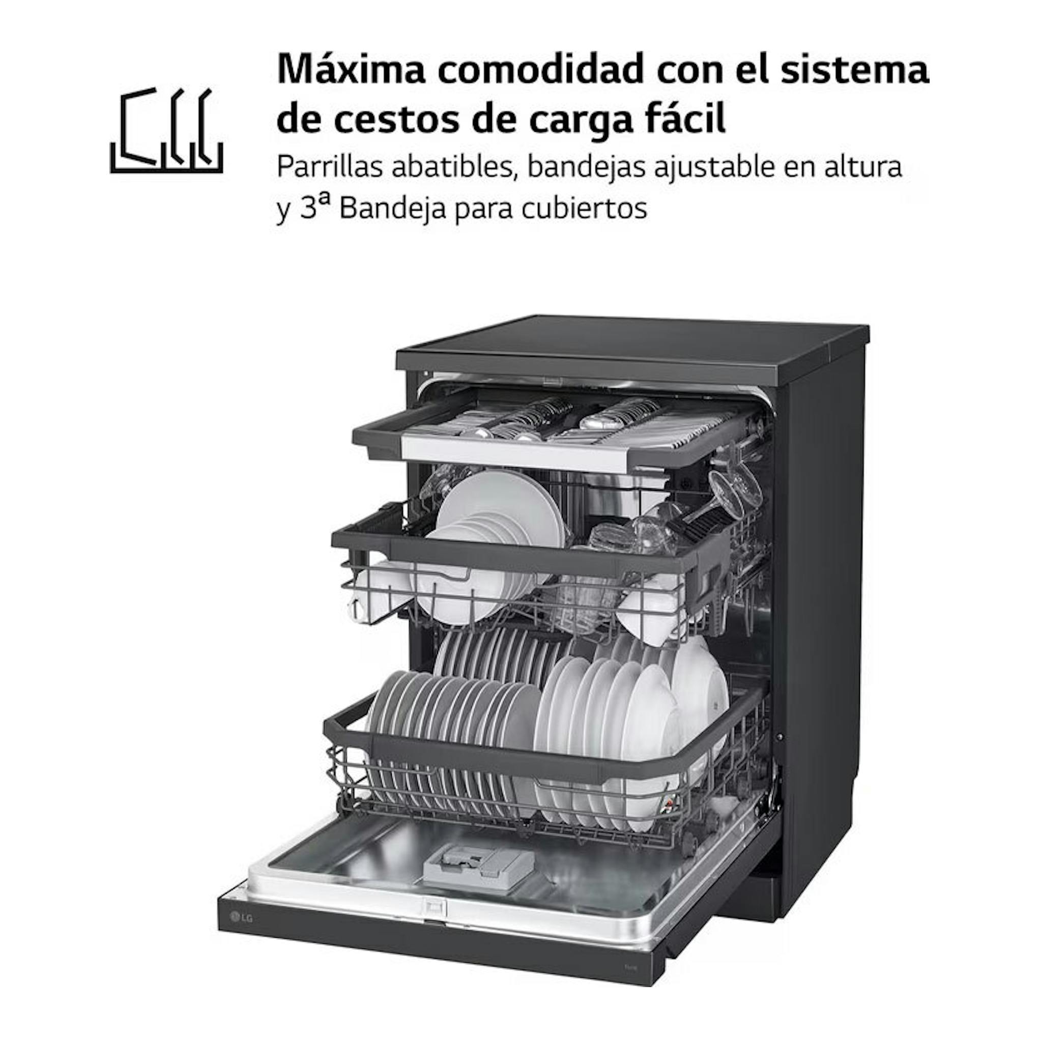 Lavavajillas LG DF365FMS negro, abierto en vista frontal con tres cestas y bandeja superior.