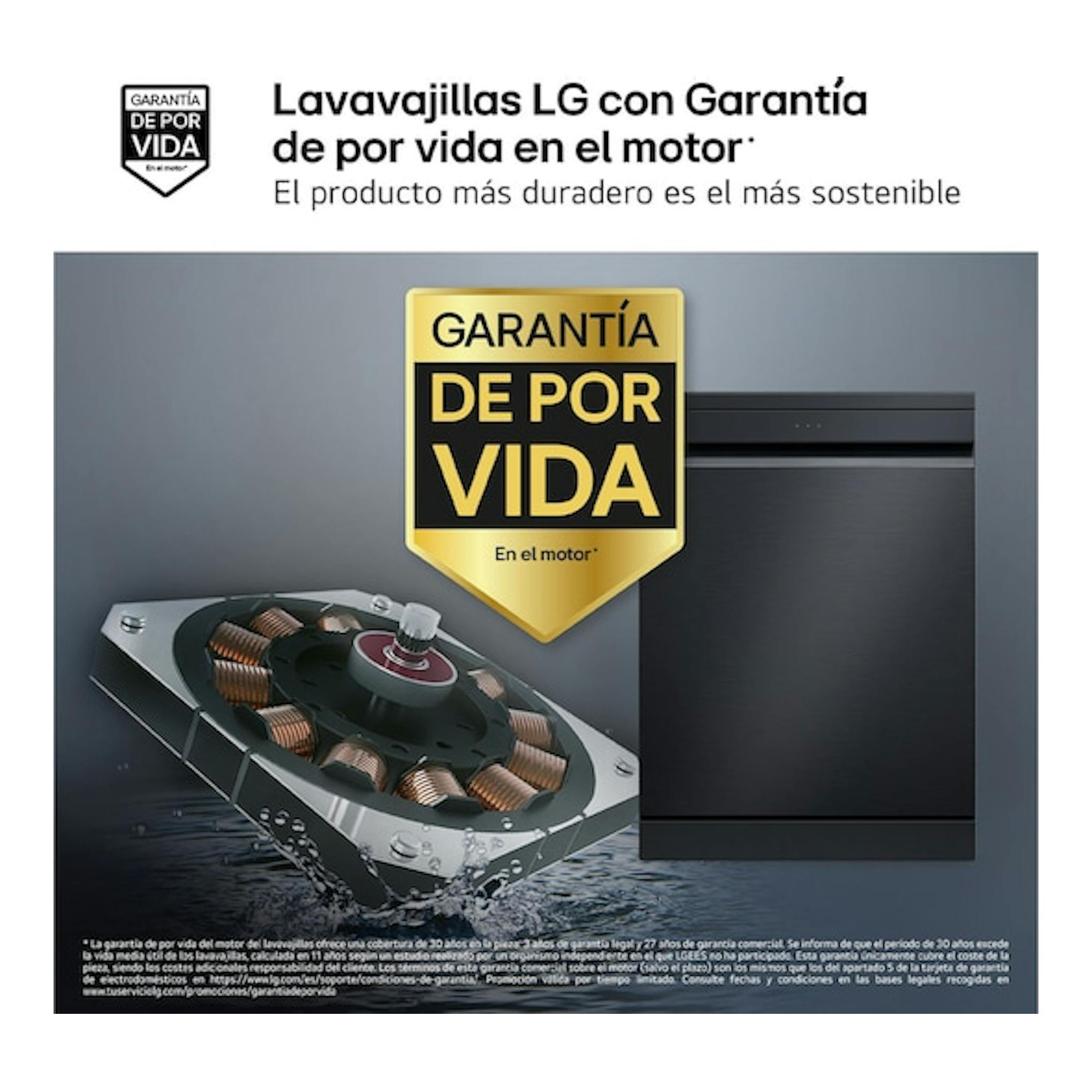 Lavavajillas LG negro, vista frontal, con sello «Garantía de por vida» en el motor.