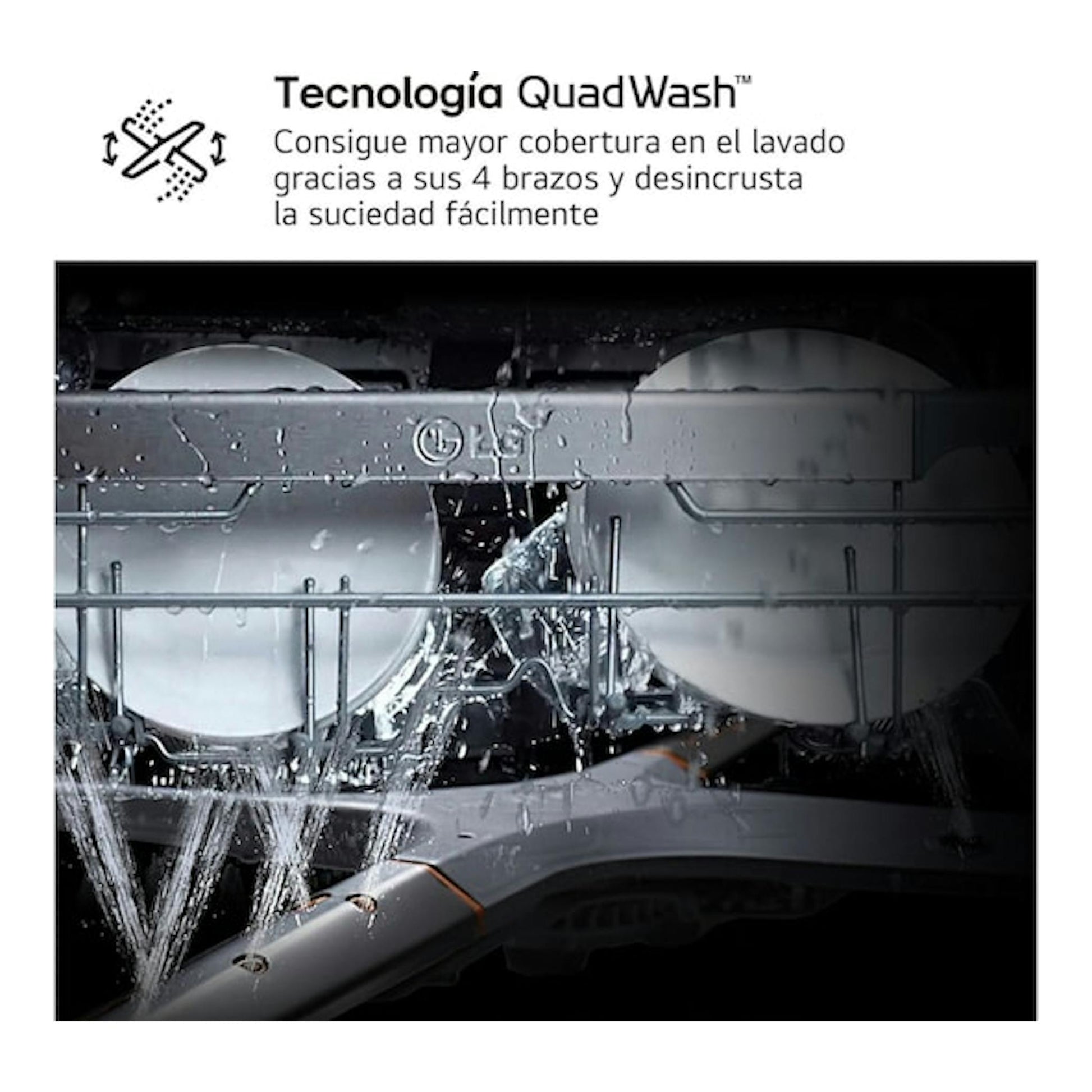 LG QuadWash: interior de lavavajillas con 4 brazos rociando agua sobre dos platos blancos.