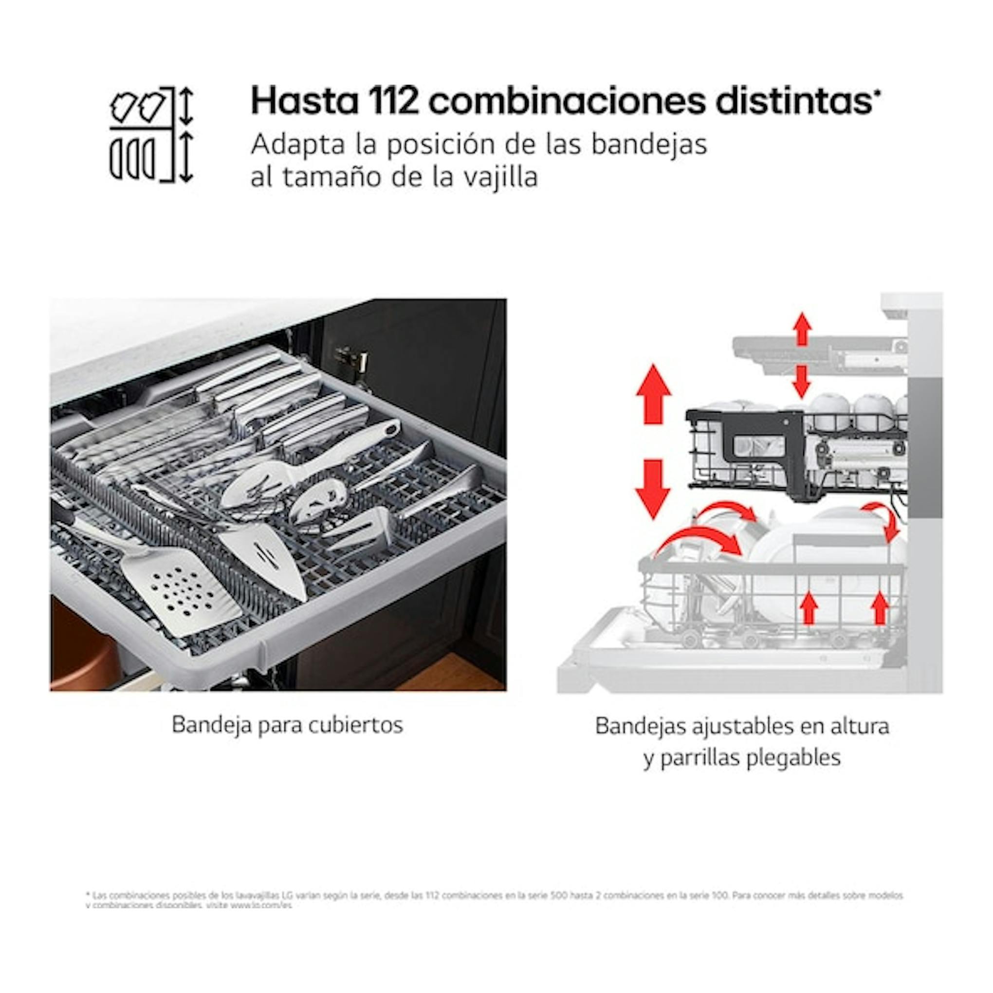 LG DF375HMS: bandeja para cubiertos y cestas ajustables en un lavavajillas, con texto de “112 combinaciones”.