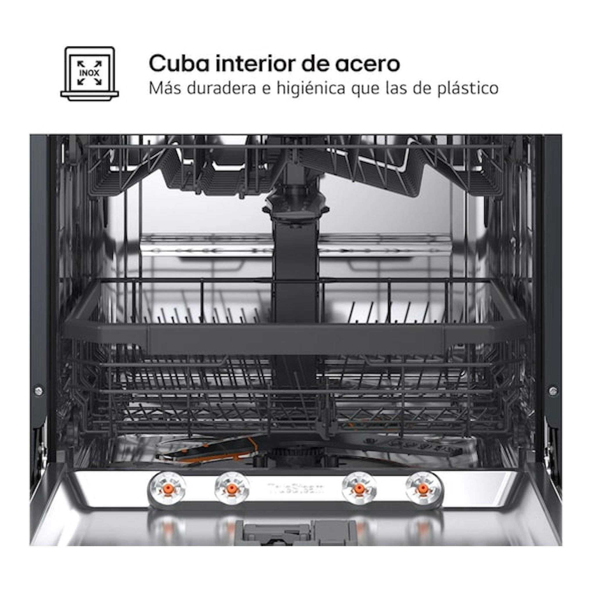 Interior frontal de lavavajillas LG DF375HMS en acero inoxidable, con cestas y aspersores.