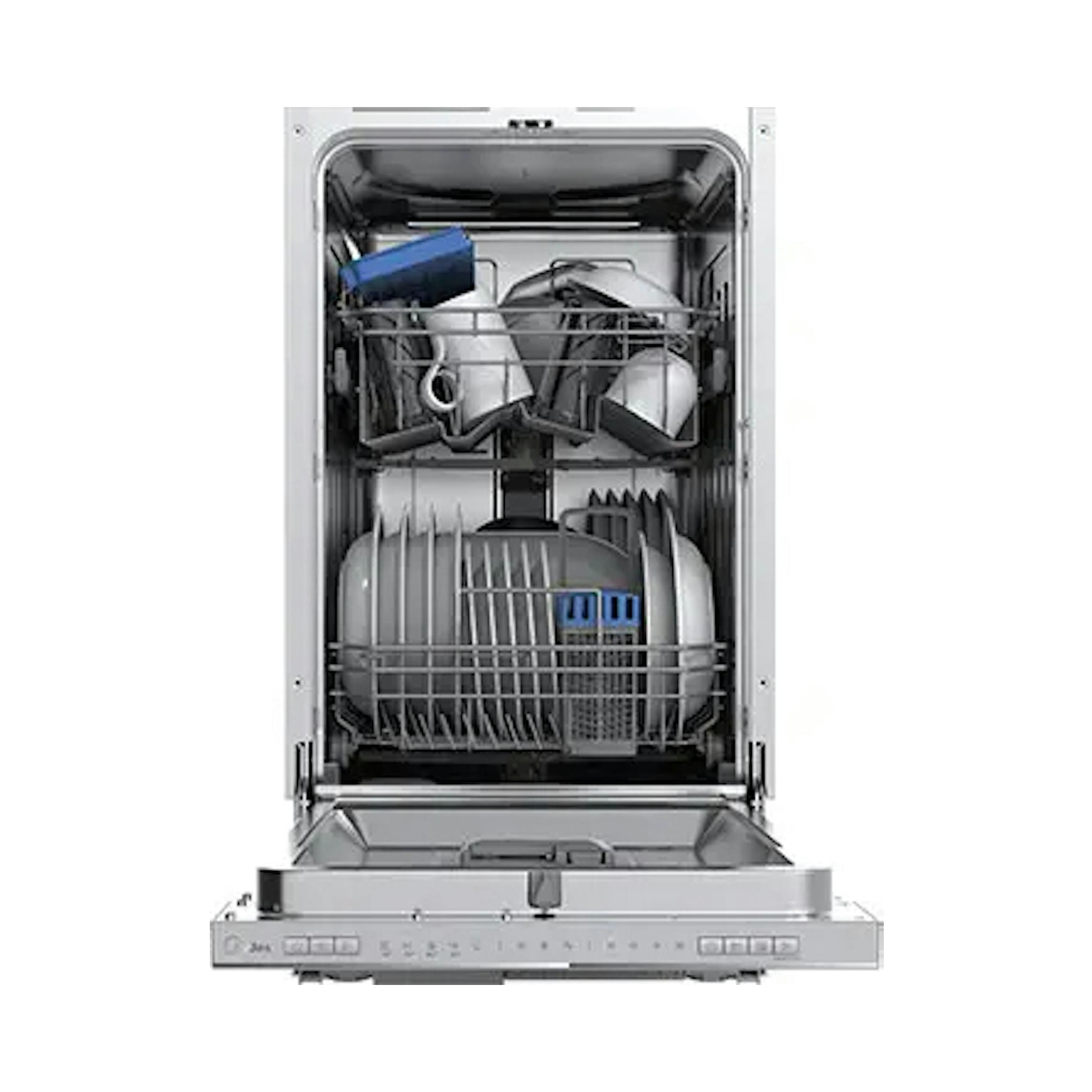 Lavavajillas integrable Midea MDWEB1004LS-W abierto, con cestos y vajilla en el interior.