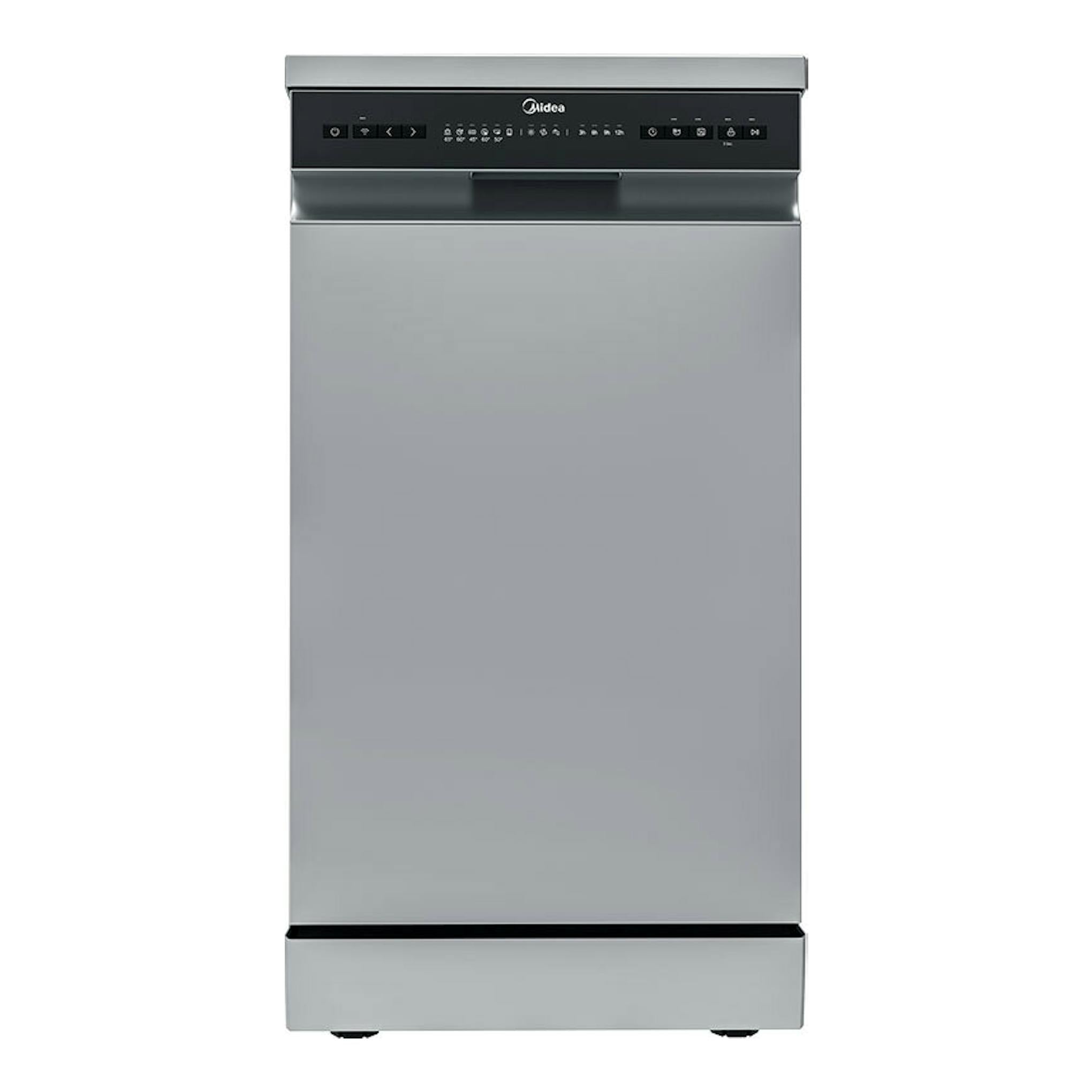 Lavavajillas Midea MDWEF1034CSS-WG-EU de 45 cm, vista frontal, acero inoxidable y panel negro.