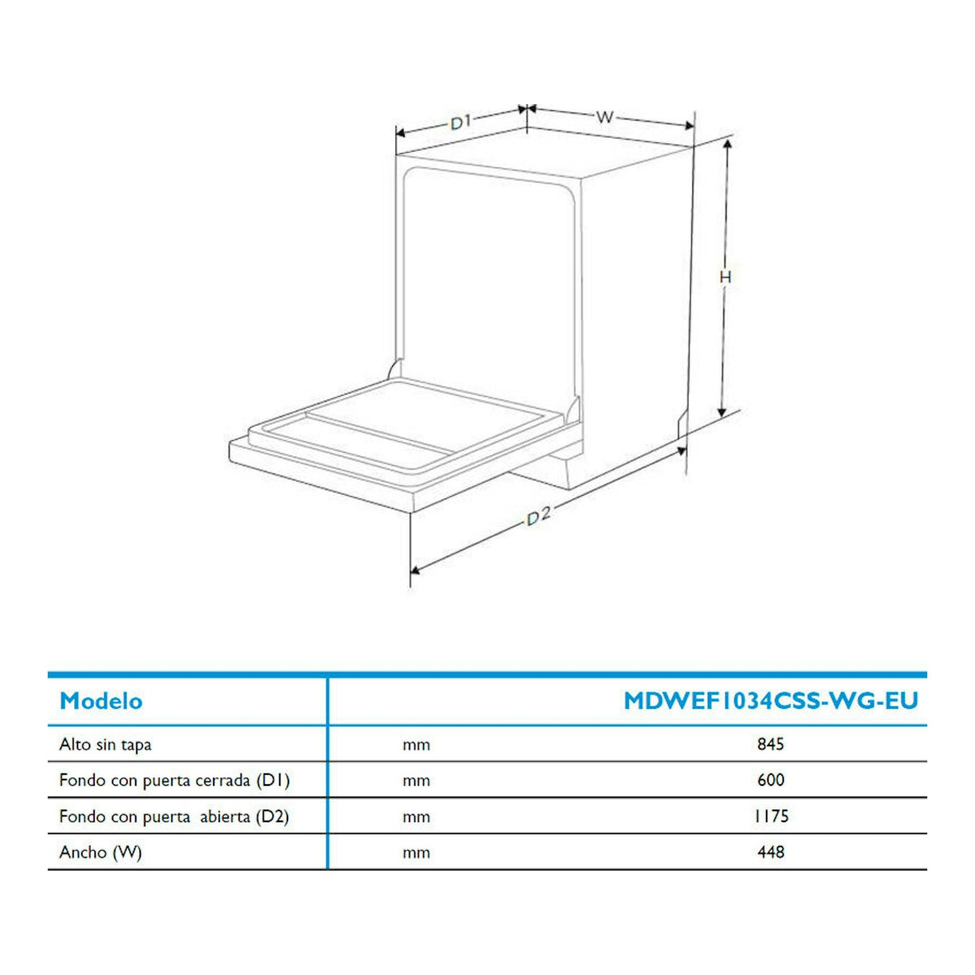 Lavavajillas Midea MDWEF1034CSS-WG-EU, esquema en blanco con puerta abierta y medidas de dimensiones.