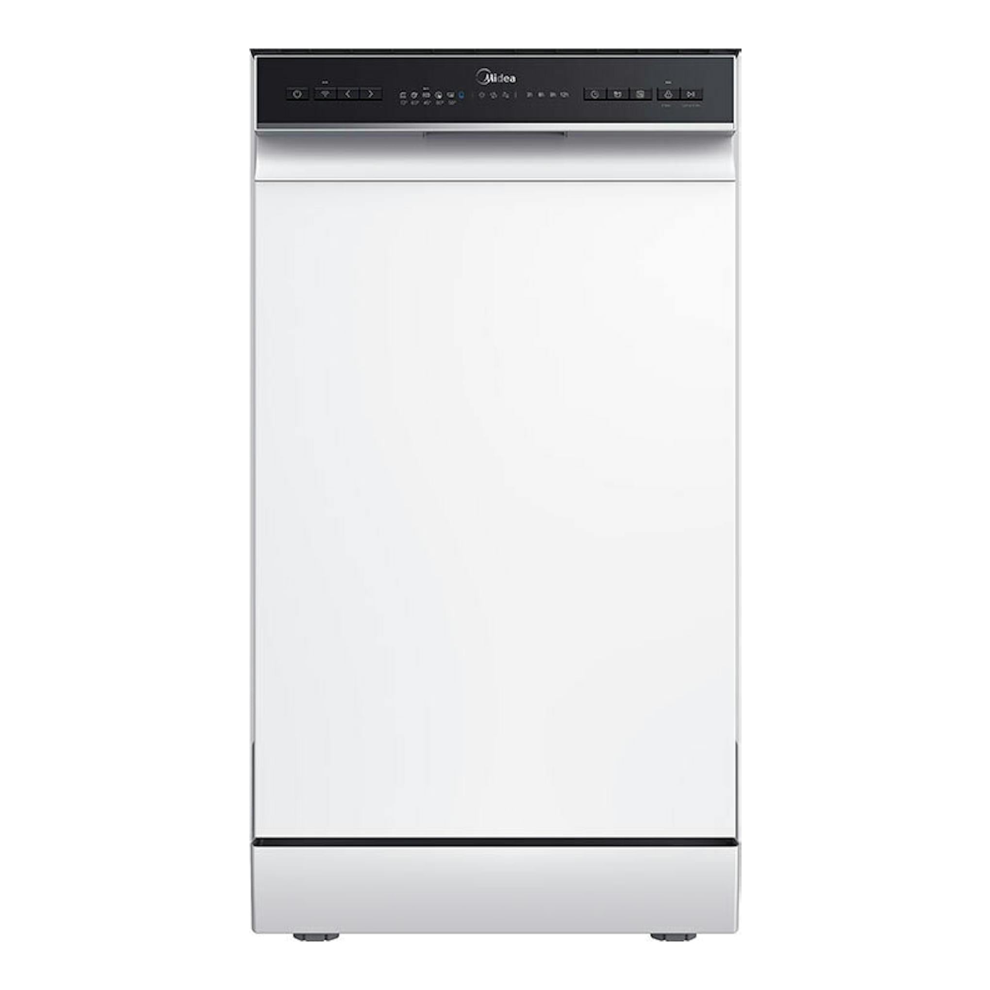Lavavajillas Midea MDWEF1034CW-WG-EU blanco, vista frontal, con panel de control negro superior.