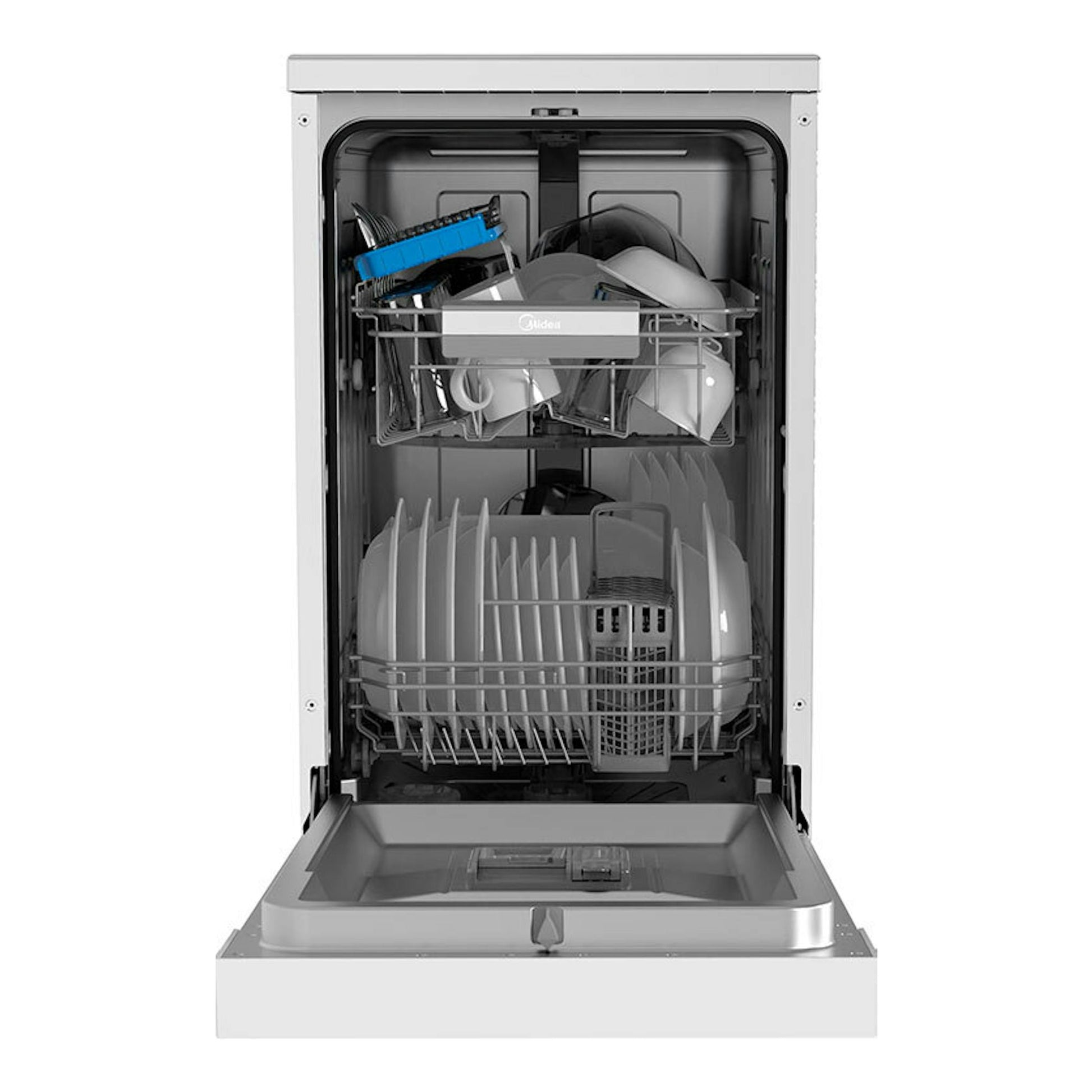 Midea MDWEF1034CW-WG-EU: lavavajillas blanco de 45 cm, vista frontal abierta con dos cestas y vajilla.