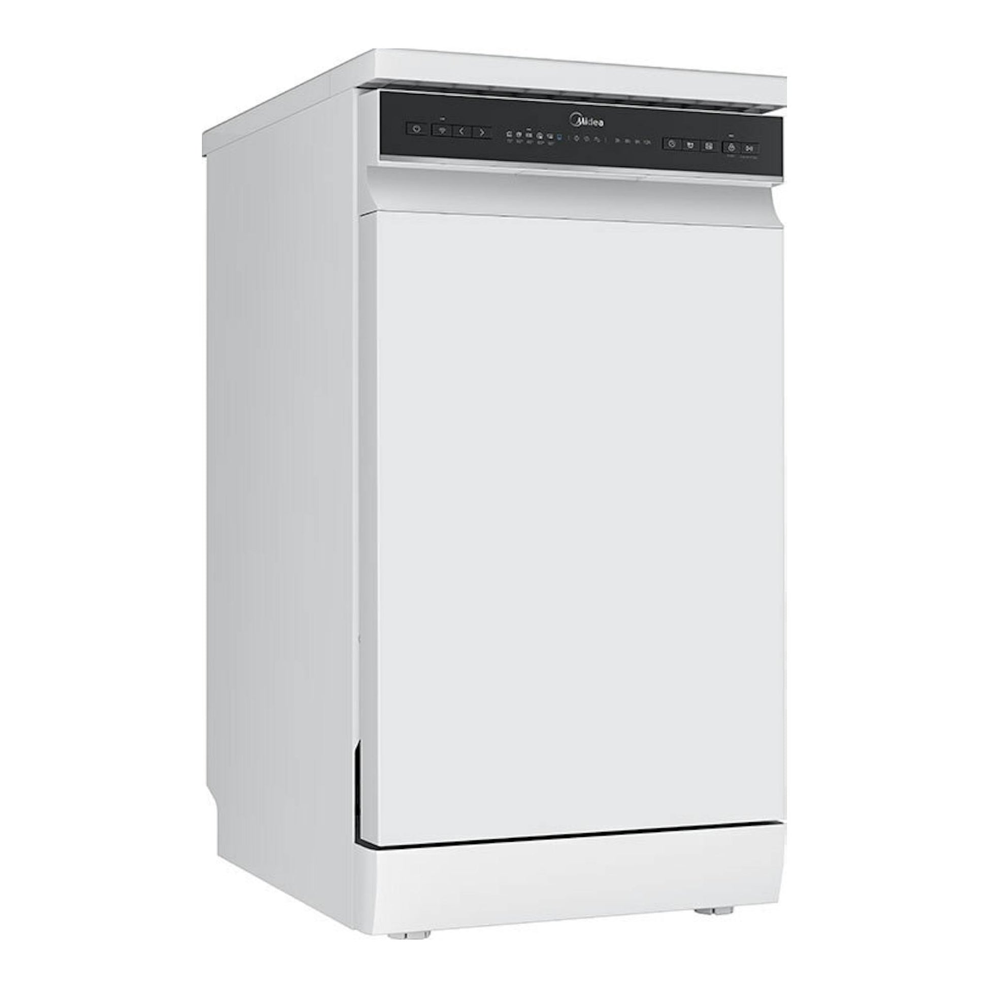 Lavavajillas Midea MDWEF1034CW-WG-EU blanco, vista frontal en ángulo, con panel negro superior.