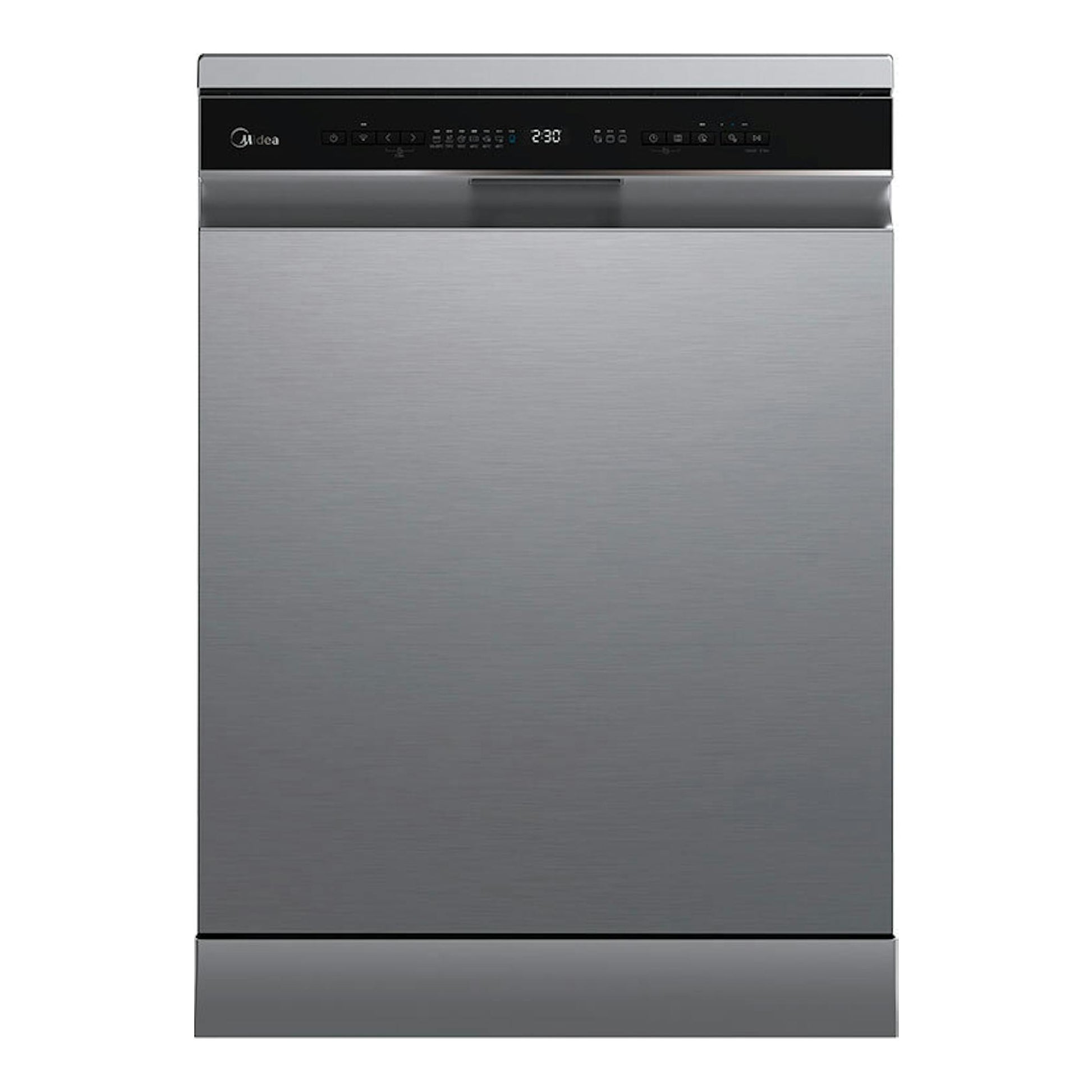 Lavavajillas Midea MDWEF1433DSS-WA de acero inoxidable, vista frontal, con panel superior negro.