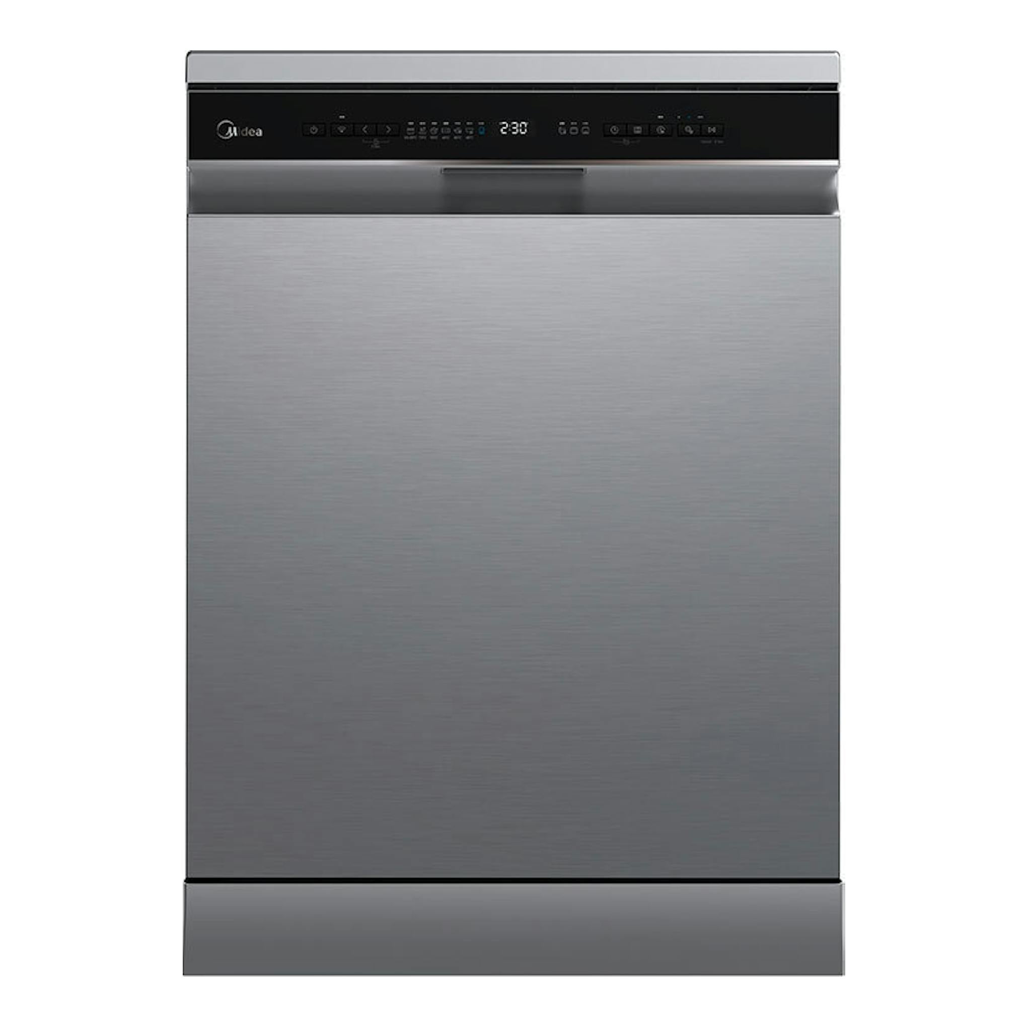 Lavavajillas Midea MDWEF1433DSS-WA de acero inoxidable, vista frontal, con panel superior negro.