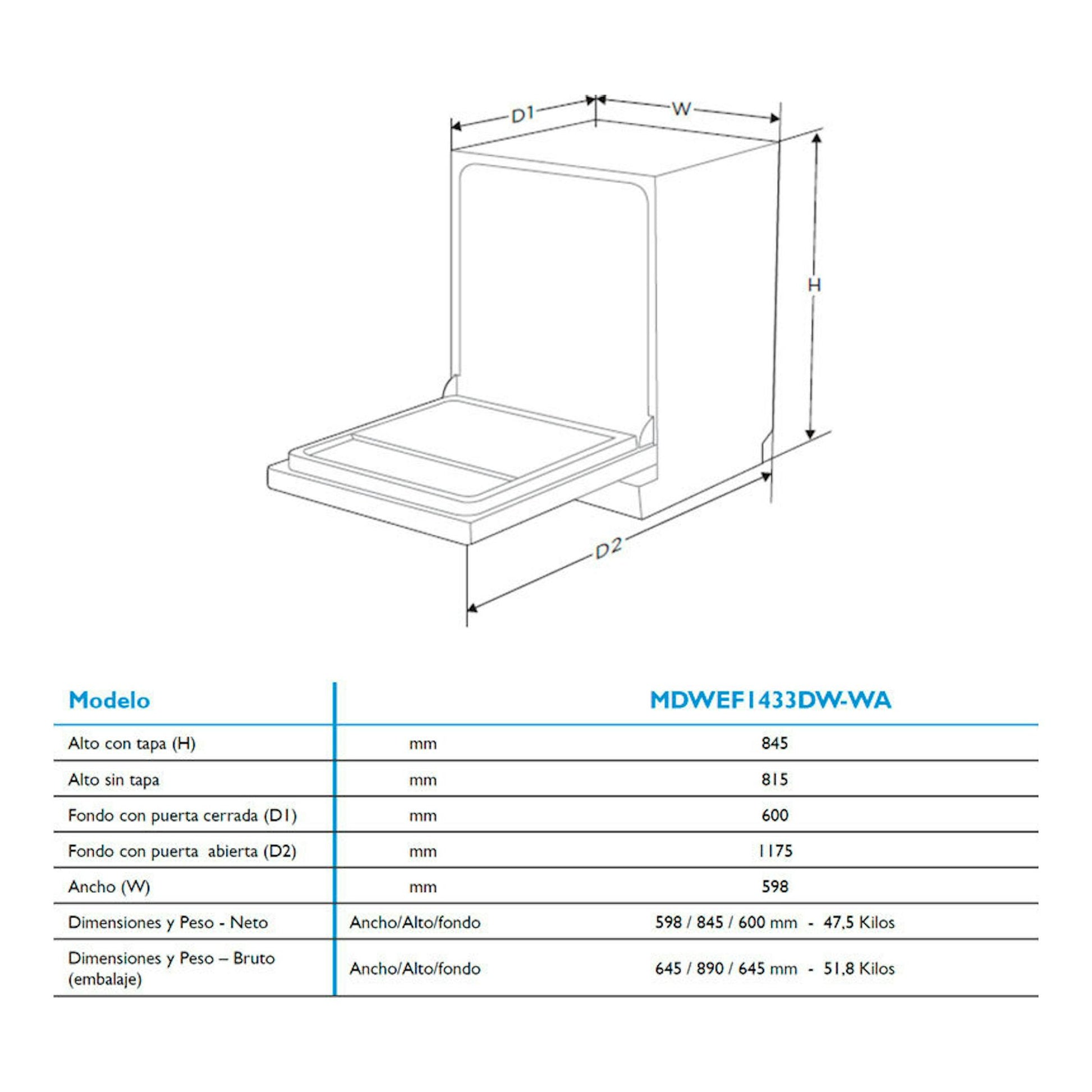 Lavavajillas Midea MDWEF1433DW-WA, esquema técnico en blanco con medidas y vista frontal con puerta abierta.