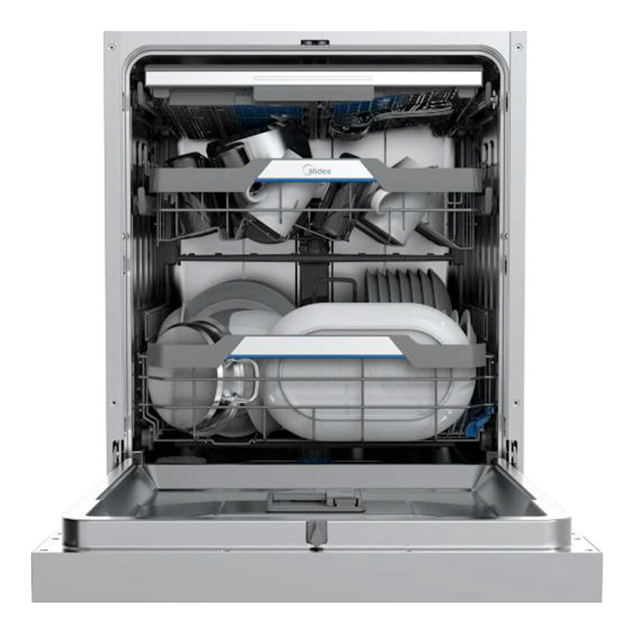 Lavavajillas Midea MDWEF1433DW-WA abierto, vista frontal, interior de acero inoxidable con cestas cargadas.