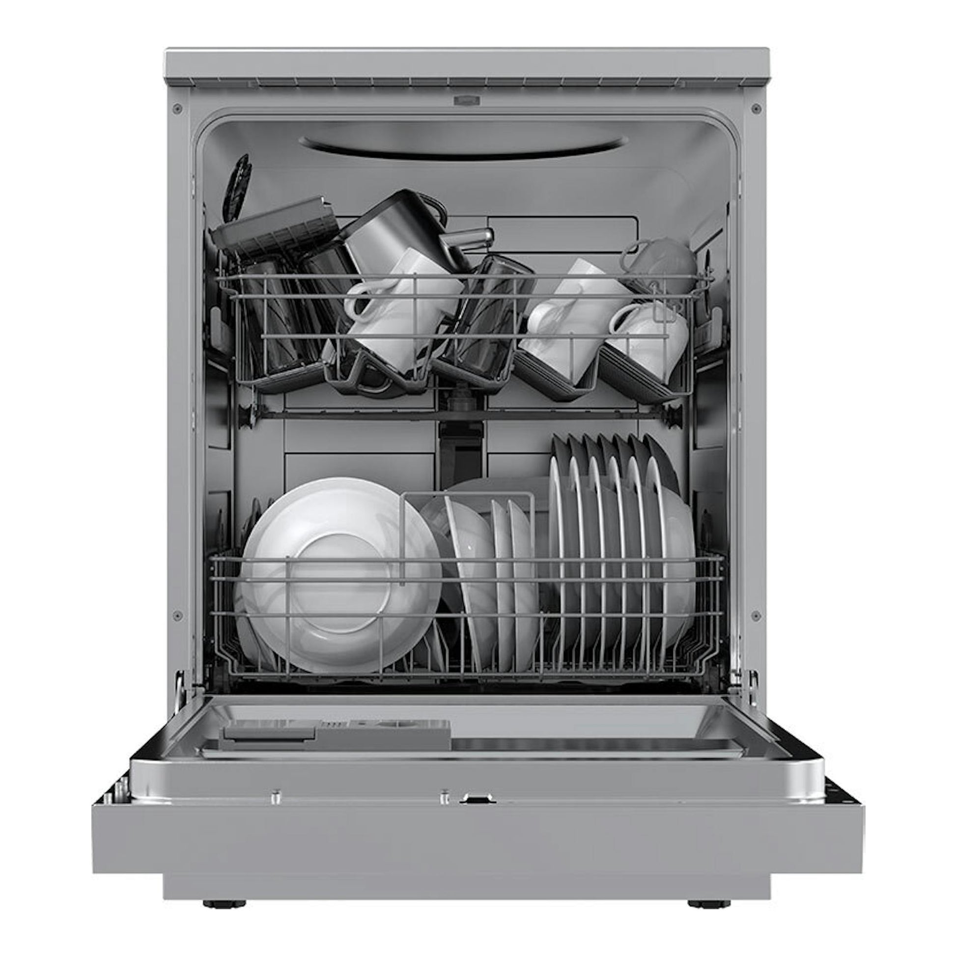 Lavavajillas Midea MDWPF1333CSS-WE-EU de 60 cm, abierto, con cestas interiores llenas de platos y tazas.