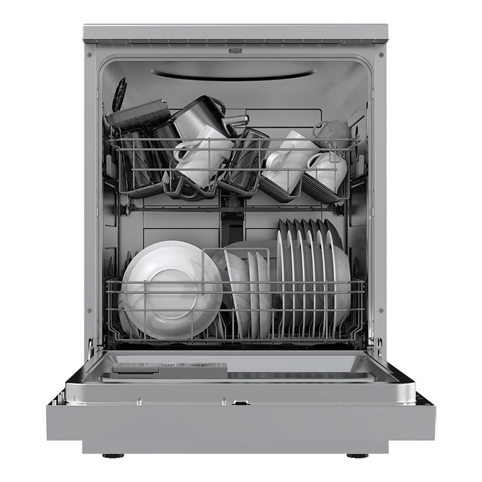 Lavavajillas Midea MDWPF1333CSS-WE-EU de 60 cm, abierto, con cestas interiores llenas de platos y tazas.