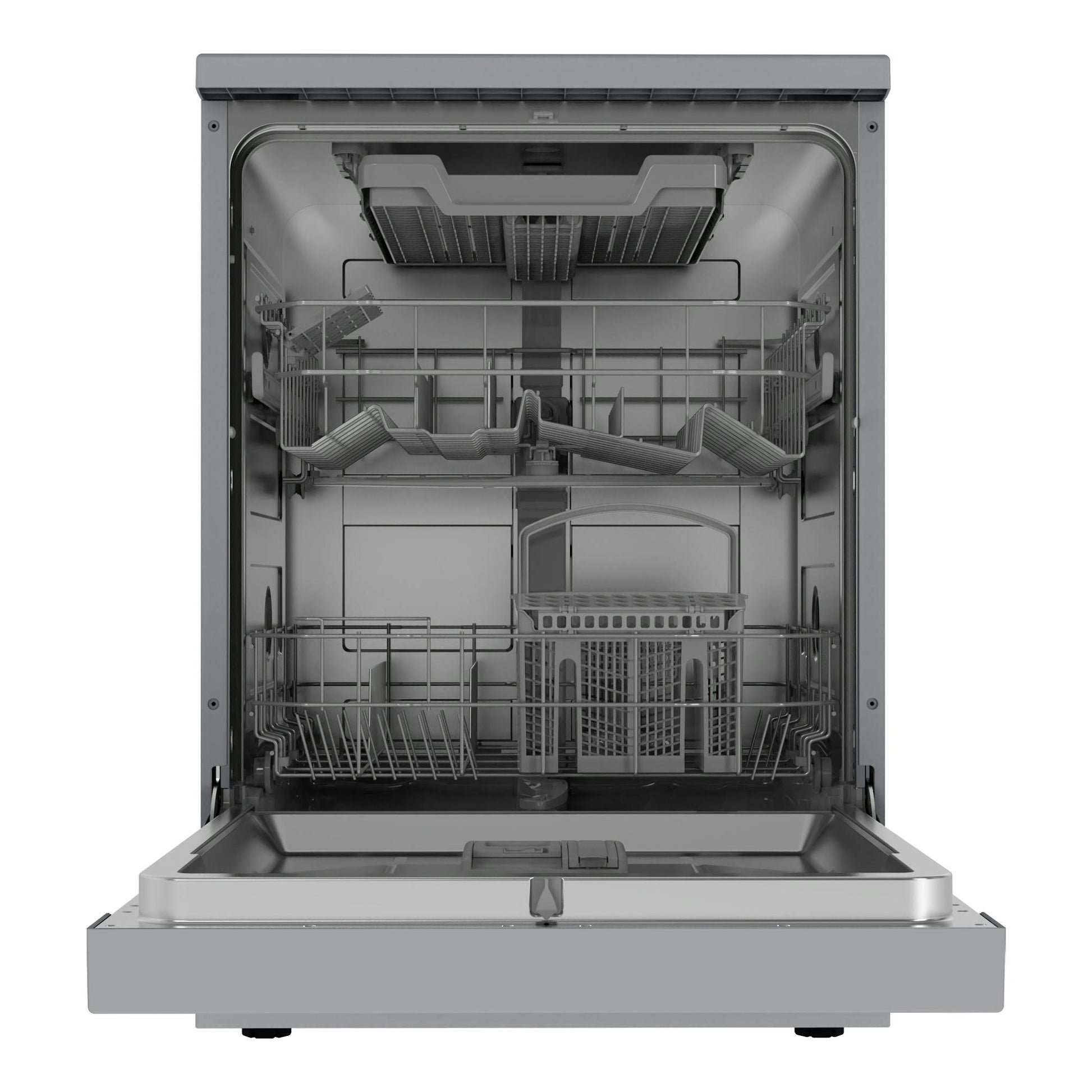 Midea MDWPF1433CSS-W-EU: lavavajillas inox abierto, vista frontal con cestas interiores.