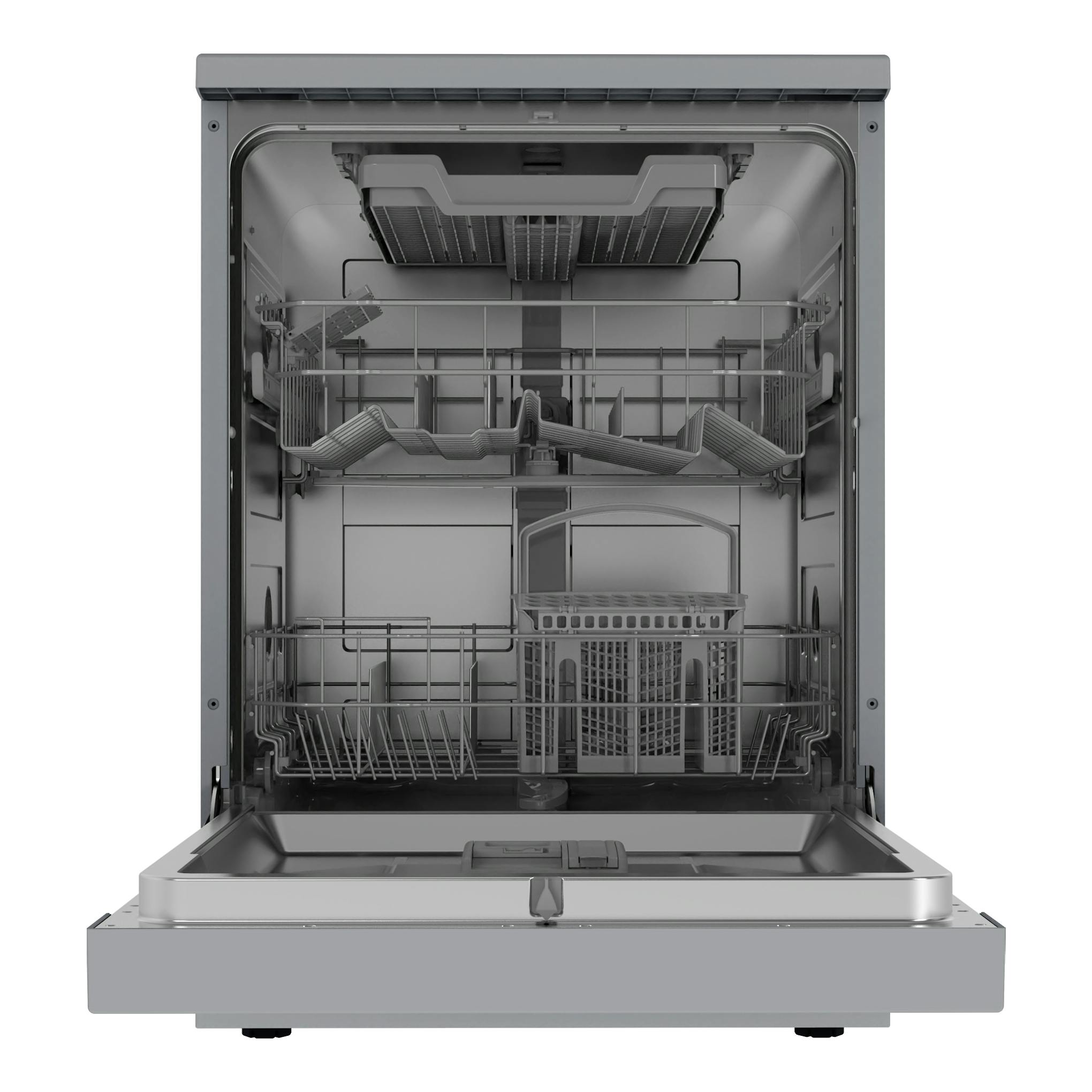 Midea MDWPF1433CSS-W-EU: lavavajillas inox abierto, vista frontal con cestas interiores.