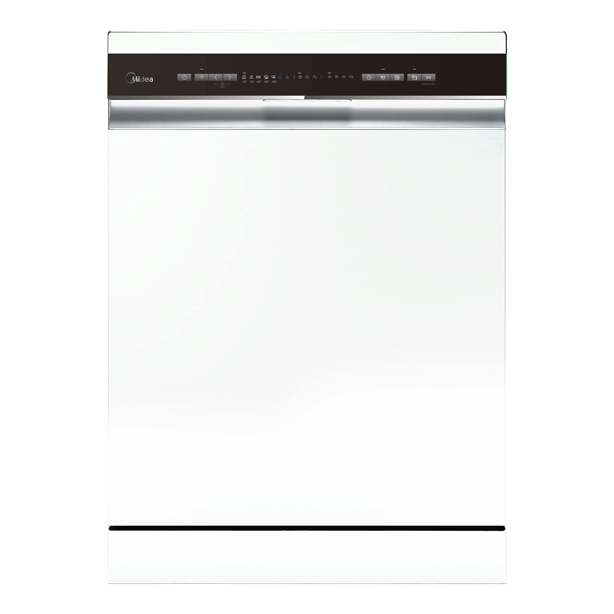 Lavavajillas Midea MDWPF1433CW-W-EU blanco, vista frontal, con panel de control negro superior.