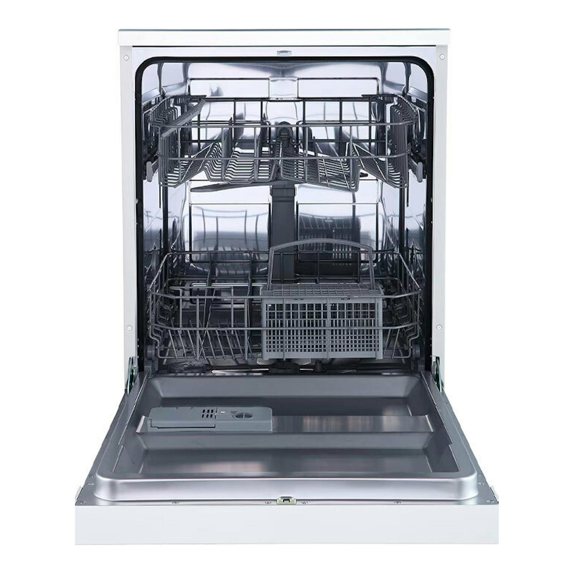 Lavavajillas Midea MFD60S080W-ES blanco, vista frontal abierta con cestos y puerta abatida.