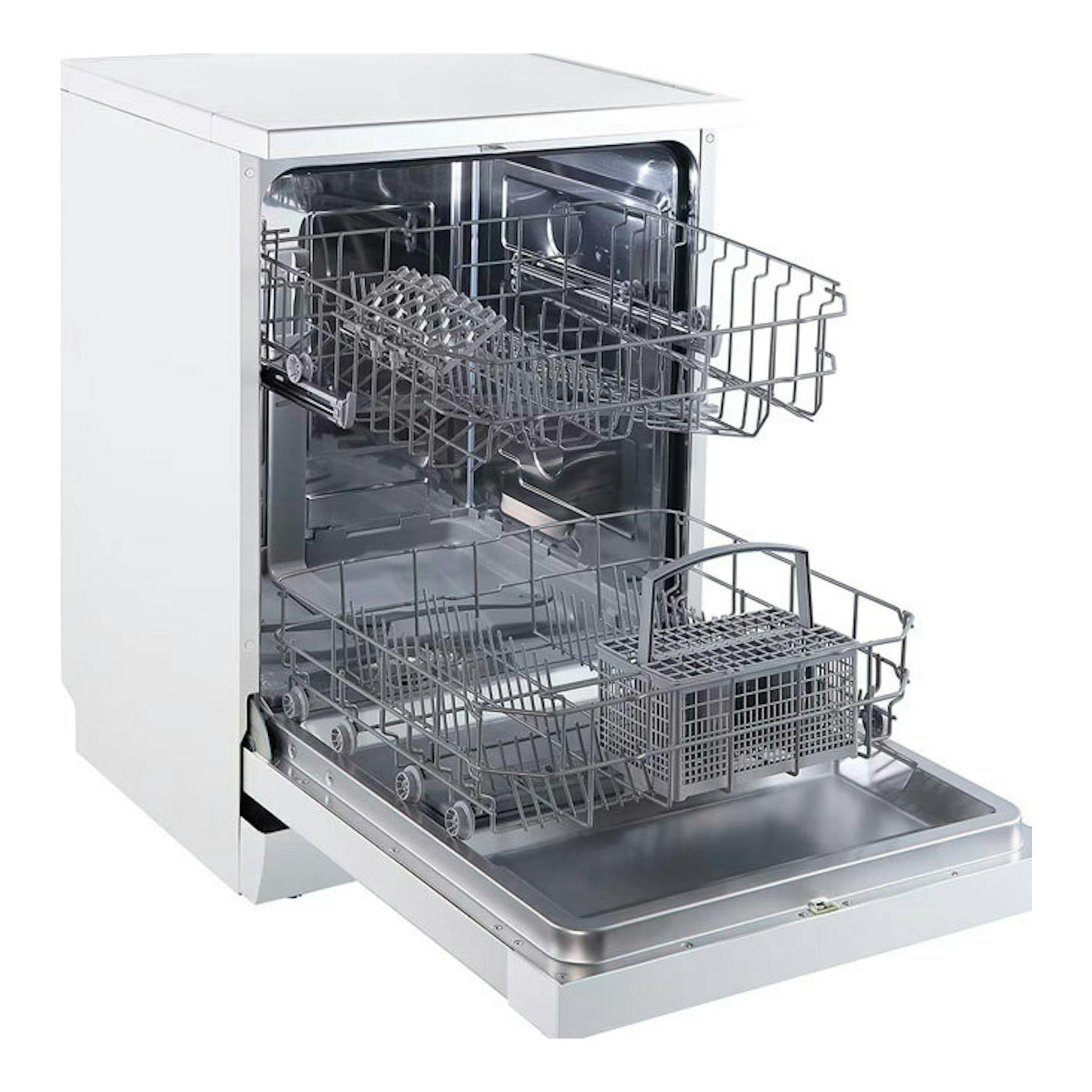 Lavavajillas Midea MFD60S080W-ES blanco, vista frontal con puerta abierta y cestas interiores.