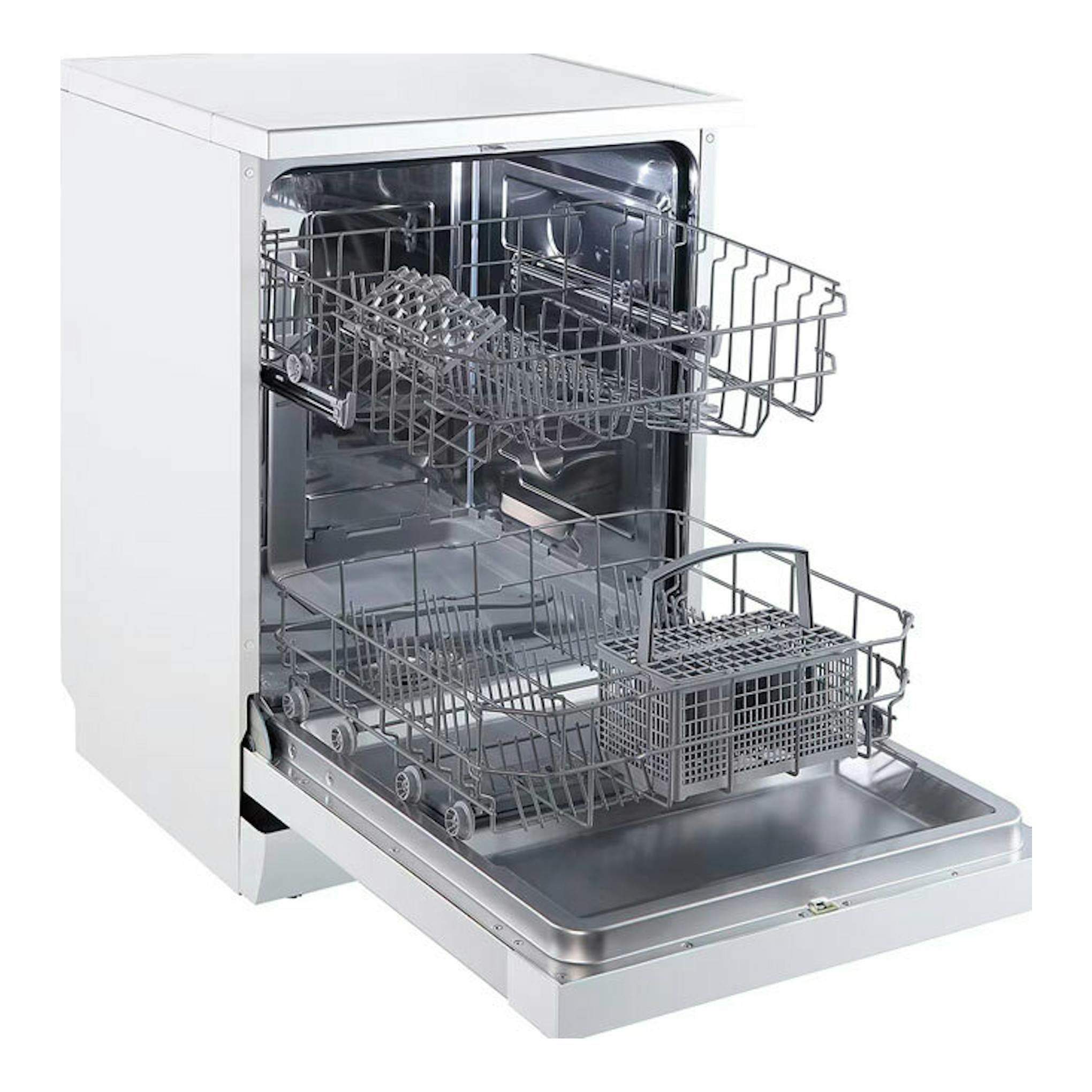 Lavavajillas Midea MFD60S080W-ES blanco, vista frontal con puerta abierta y cestas interiores.