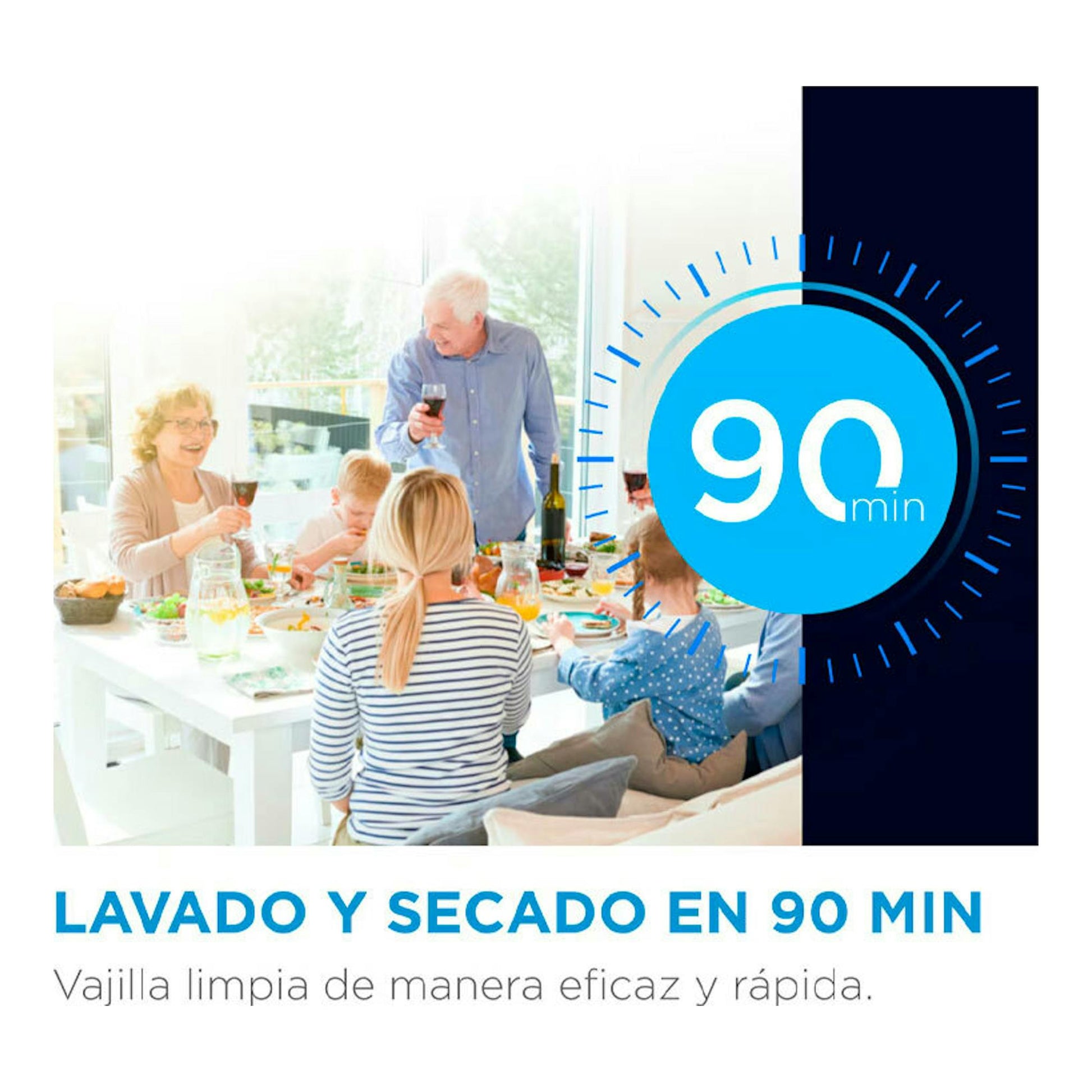 Publicidad de lavavajillas Midea MFD60S080W-ES con familia cenando y texto “lavado y secado en 90 min”