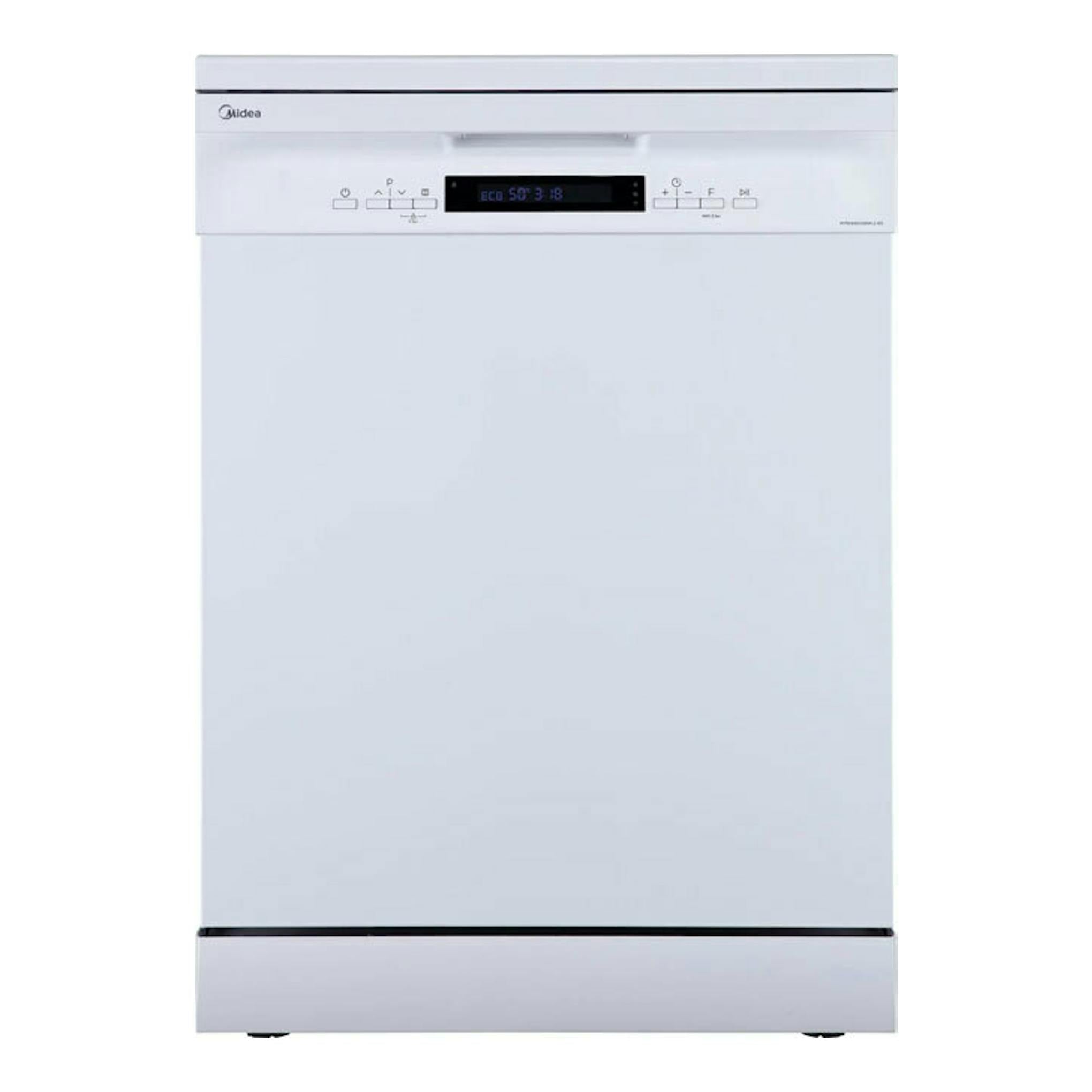 Lavavajillas Midea MFD60S300W.2-ES blanco, vista frontal, con panel digital superior.