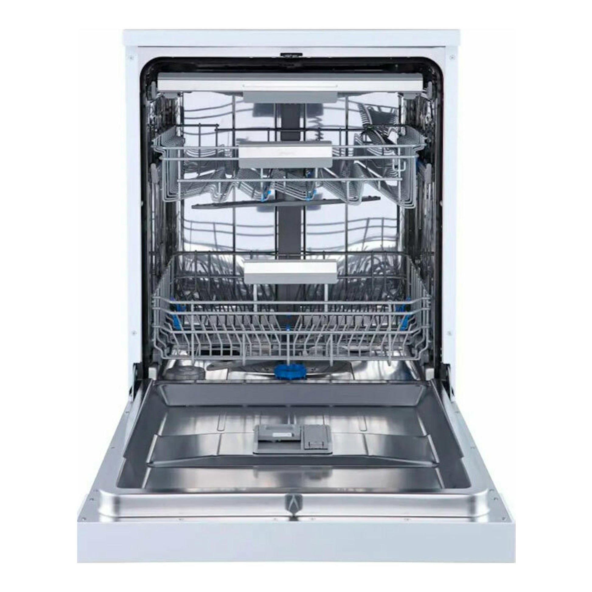 Lavavajillas Midea MFD60S300W.2-ES blanco, vista frontal abierta, con cestas interiores de acero inoxidable.