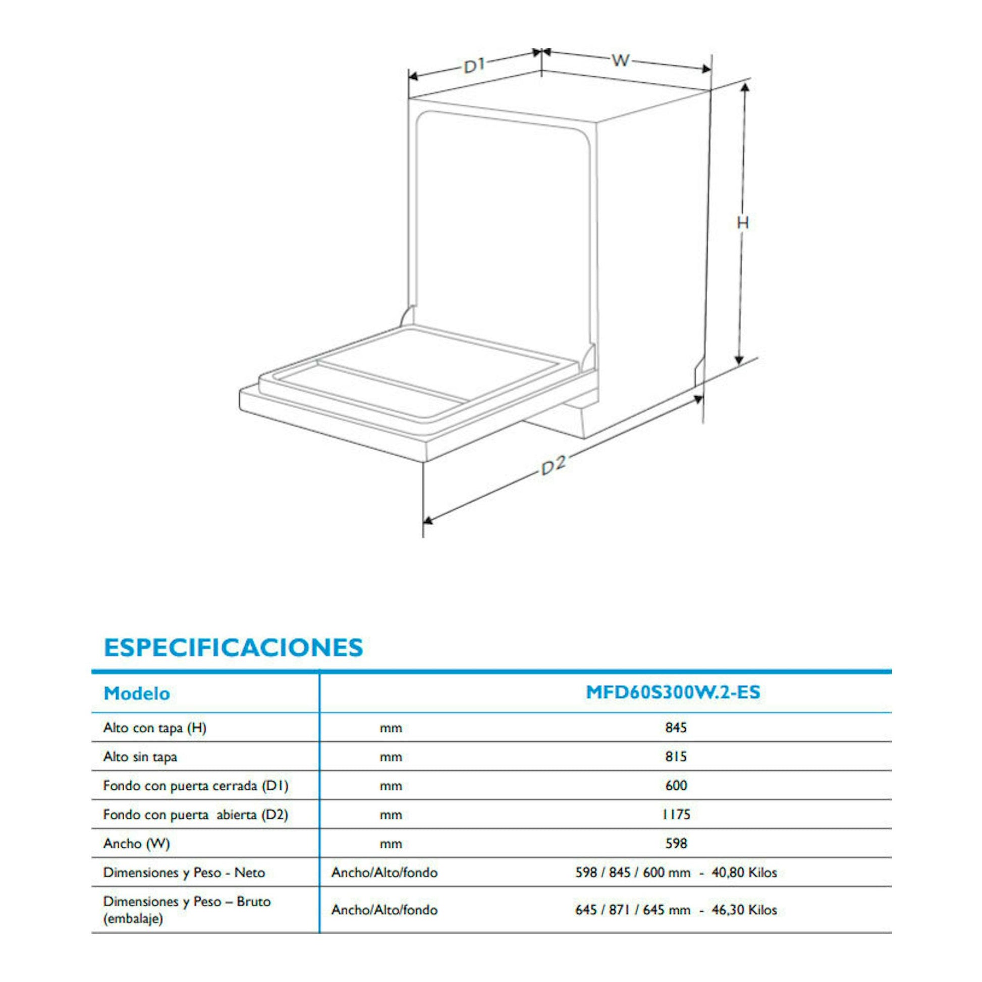 Lavavajillas Midea MFD60S300W.2-ES de 60 cm, vista técnica con medidas y tabla de especificaciones.